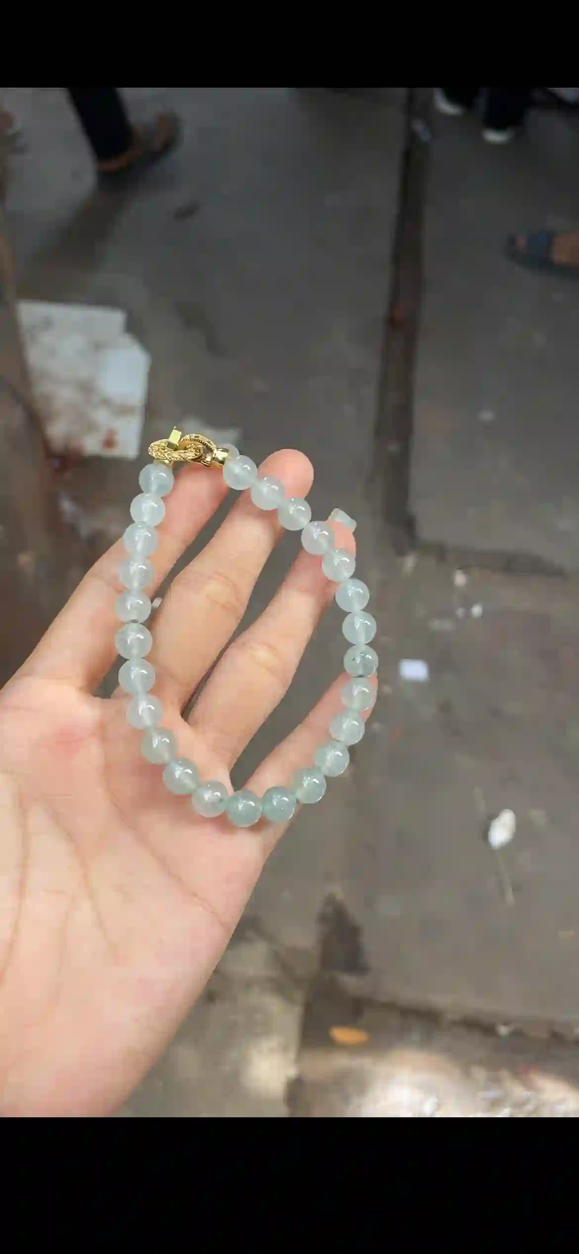 Icy Translucent Pale Green Jadeite Bead Bracelet with Gold Clasp, view 2 | Myanmar Jadeite reference #18240001