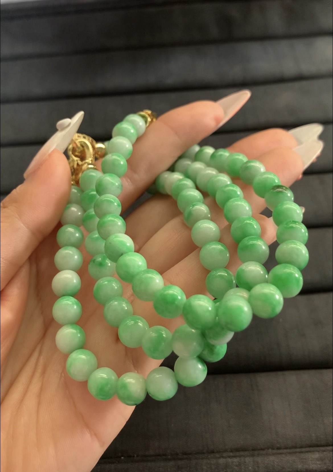 Green Jade Beaded Necklaces with Gold Clasps - Burmese Jadeite from Myanmar