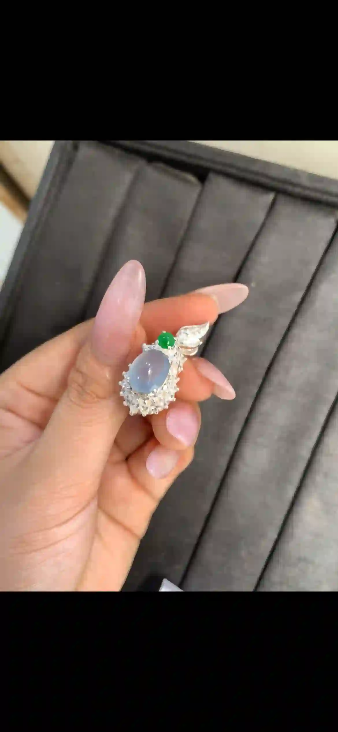 Icy Lavender‑Blue Jadeite Cocktail Ring with Diamond Accents | Myanmar Jadeite reference #9060001