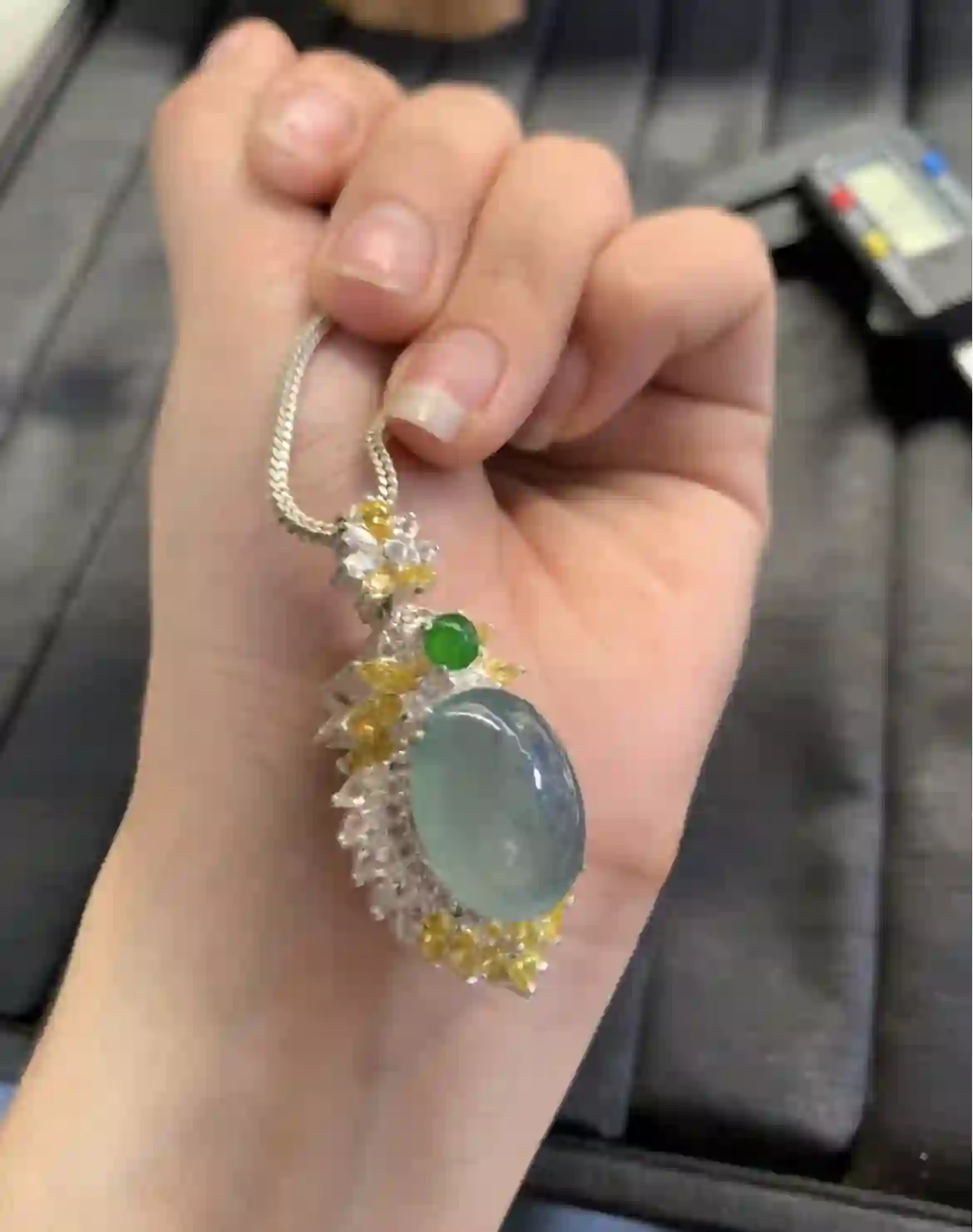   Natural Icy Blue Water Jadeite Pendant with Gemstone Accents, view 2 | Myanmar Jadeite reference #2400002
