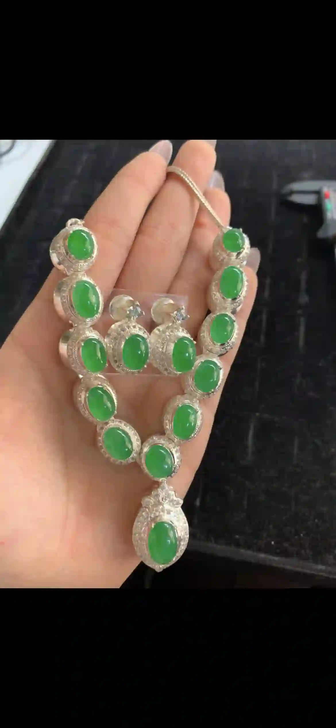 Imperial Green Jade Cabochon Jewelry Set — Sterling Silver & Crystal Halo Necklace & Earrings | Myanmar Jadeite reference #28800001