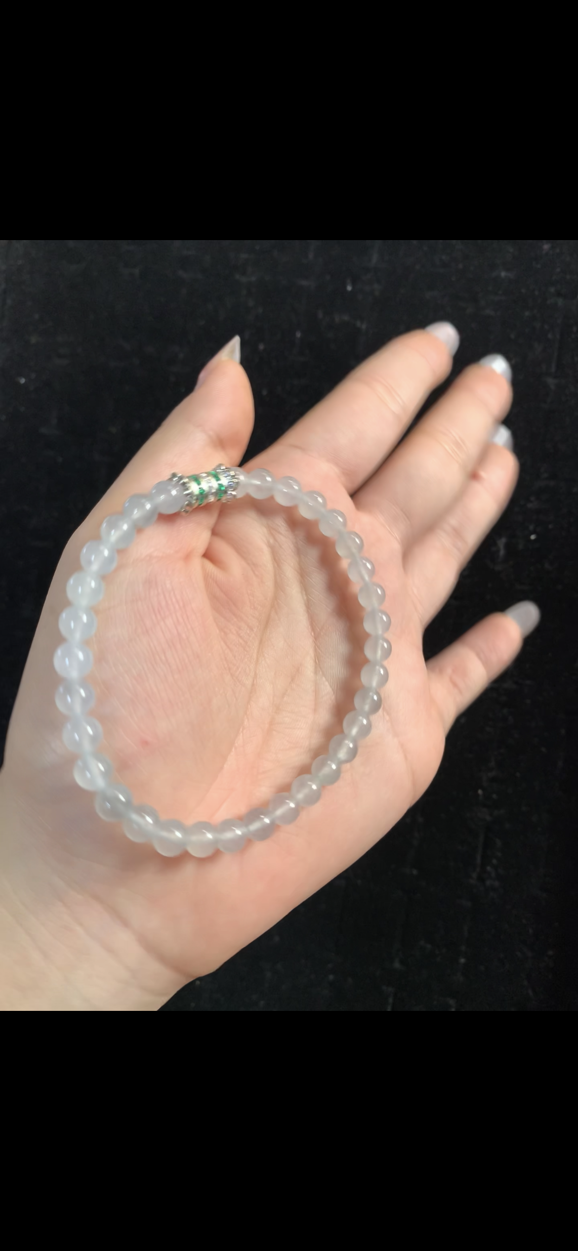 Icy Translucent White Jade Bead Bracelet with Emerald-Accented Clasp