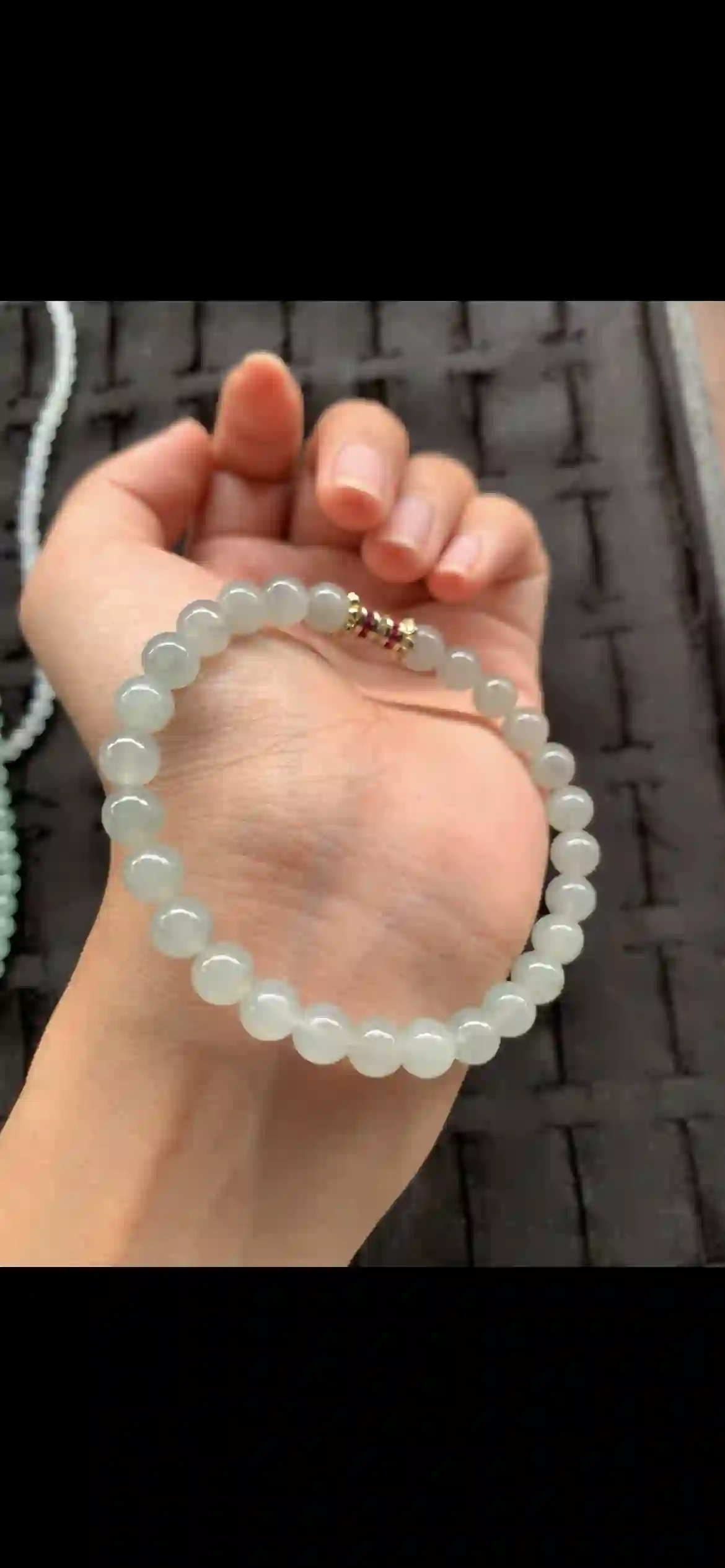 Icy Pale Celadon Jade Bead Bracelet with Crystal & Ruby Accent Spacer | Myanmar Jadeite reference #21180001