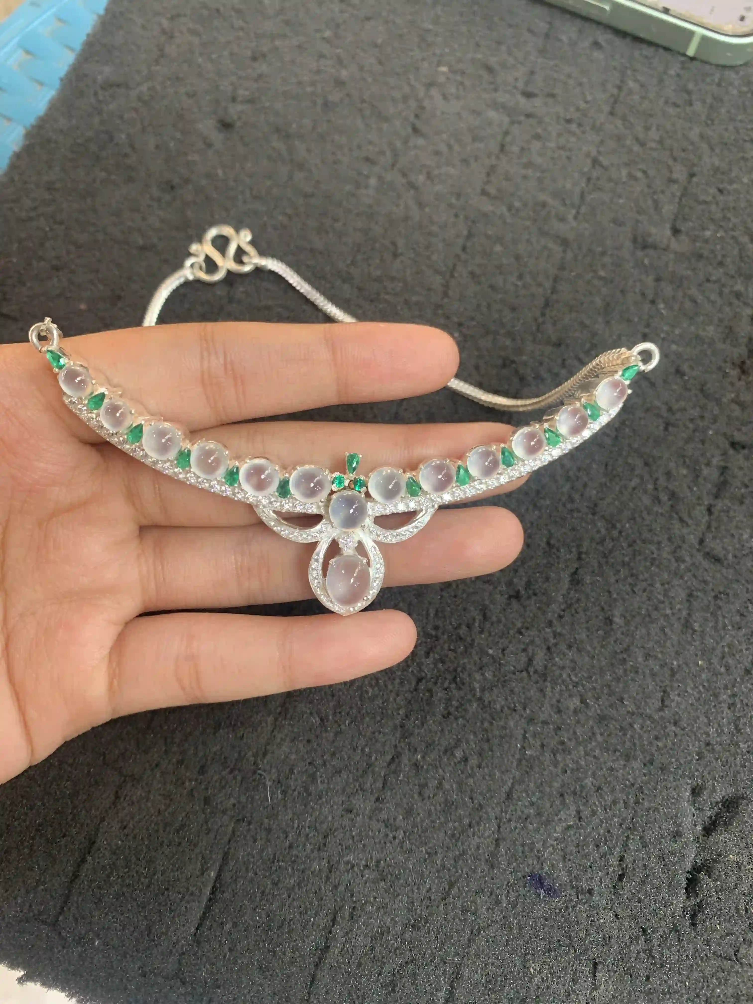 Exquisite Translucent Jade, Green Gem & Sparkling Stone Embellished Necklace, view 2 | Myanmar Jadeite reference #1590003