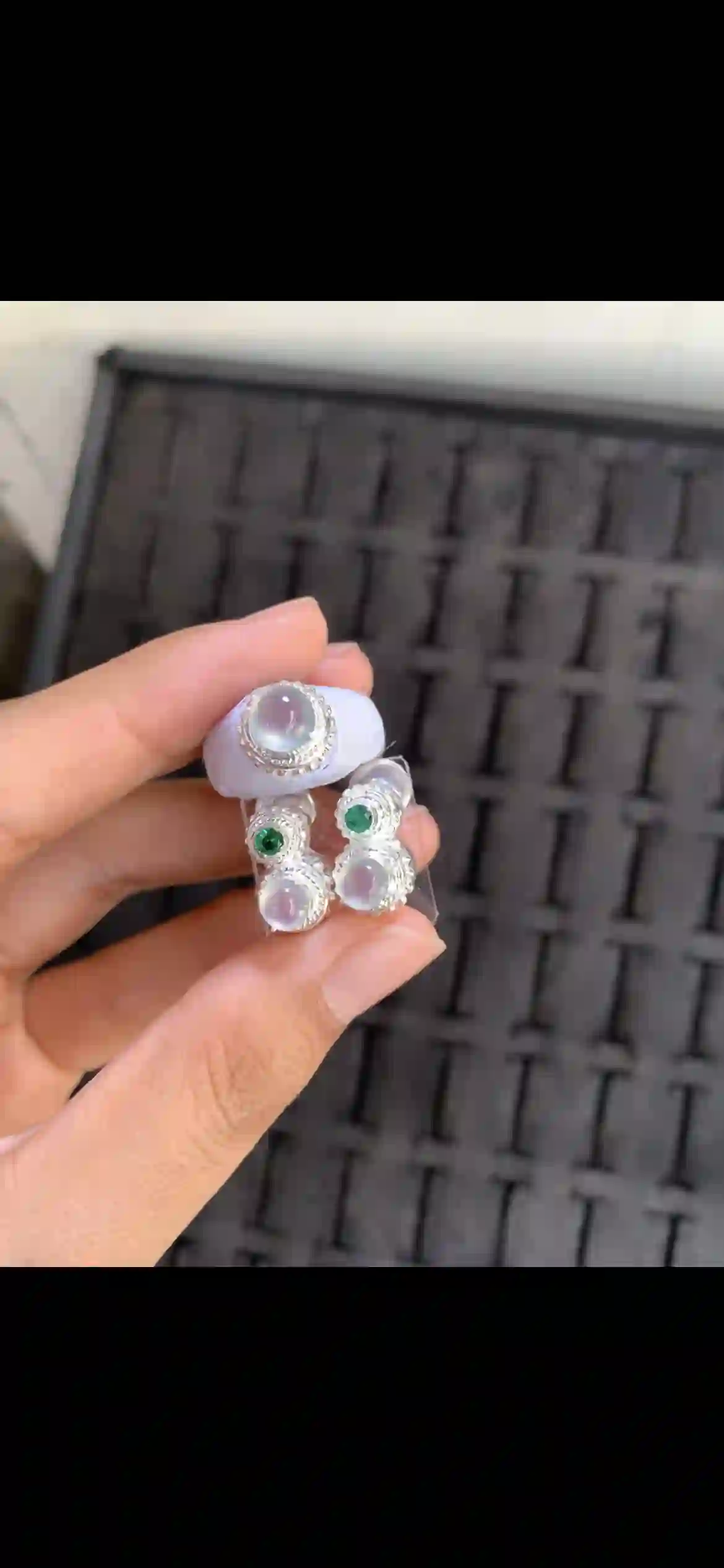 Icy Pale Jade & Vivid Green Gem Stud Earrings with Matching Ring Set | Myanmar Jadeite reference #18330001