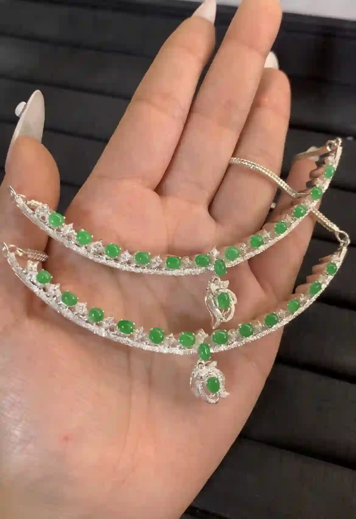 Luxurious Green Jadeite and Crystal Embellished Jewelry Set | Myanmar Jadeite reference #1230006