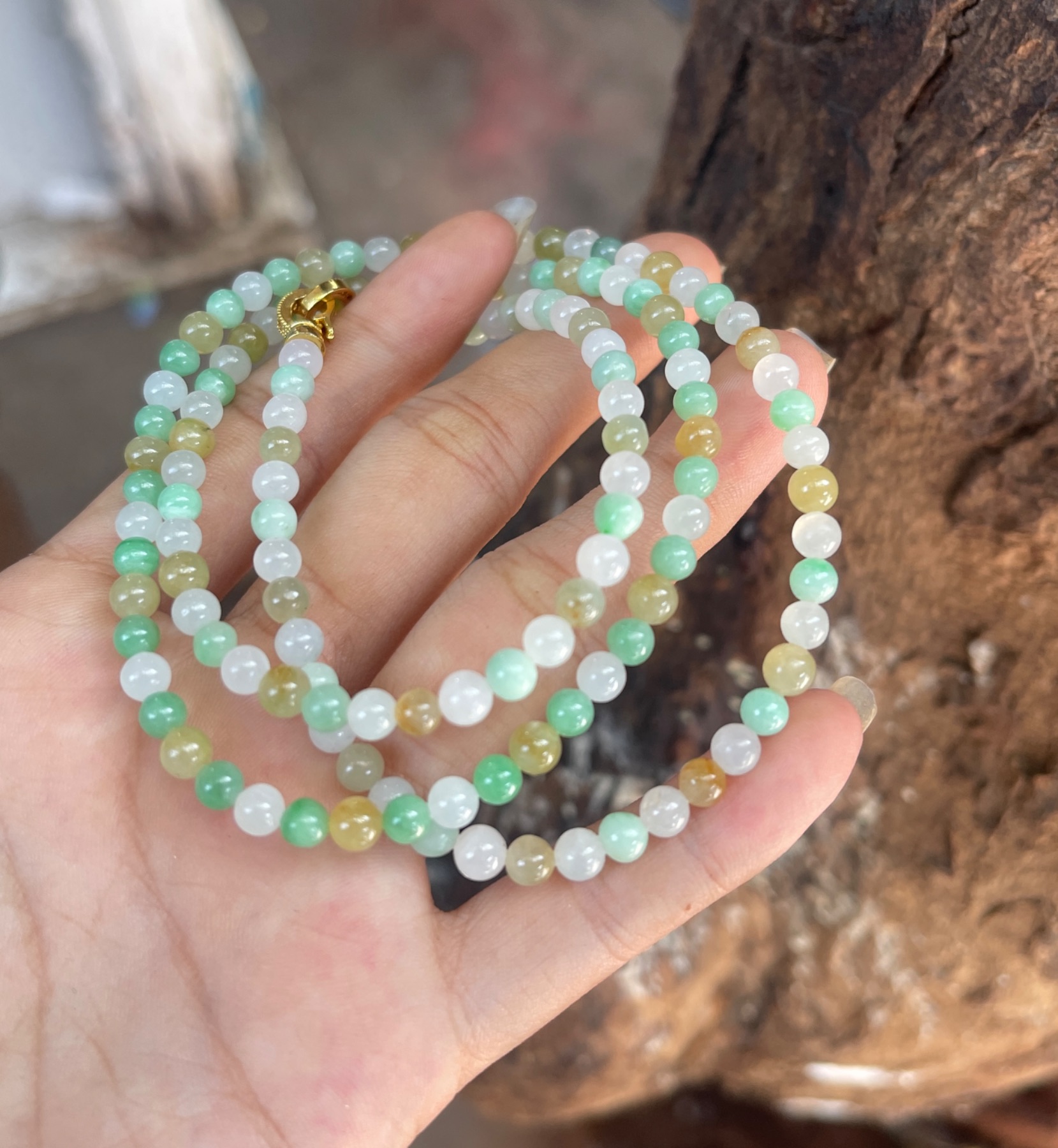 Natural Ice Variety Light Green, Honey Yellow & Icy White Jadeite Small Bead Multi-Wrap Bracelet / Layered Necklace with Gold Accent | Myanmar Jadeite reference #38400001