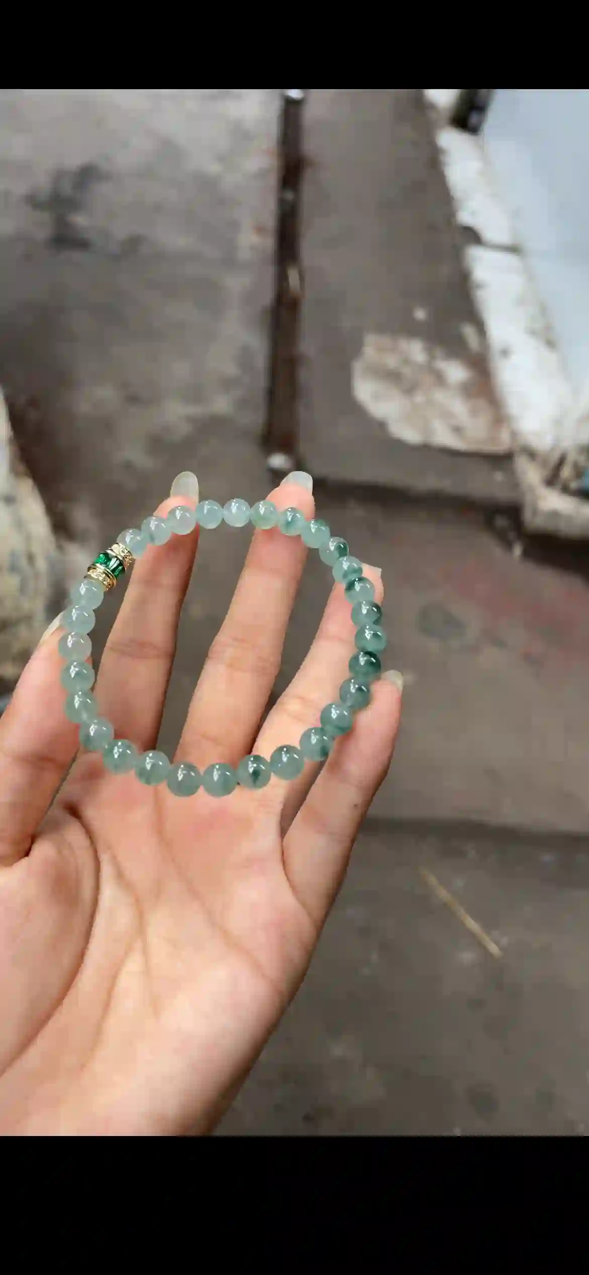 Natural Icy Floating Green Jadeite Bead Bracelet with Decorative Accent | Myanmar Jadeite reference #26220002