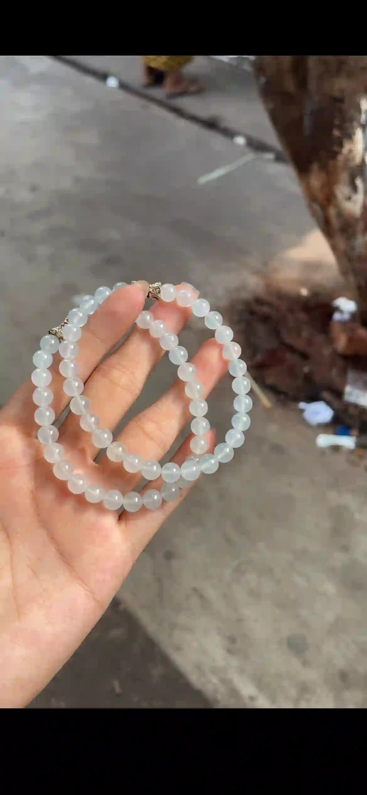 Icy Translucent White Jade Double-Strand Bracelet — Delicate Gold Accents, view 2 | Myanmar Jadeite reference #33360001