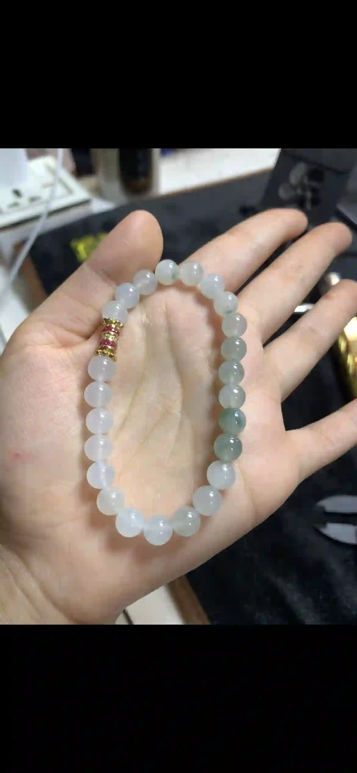 Icy Pale Jadeite Bead Bracelet with Floating Green Accents | Myanmar Jadeite reference #16470001
