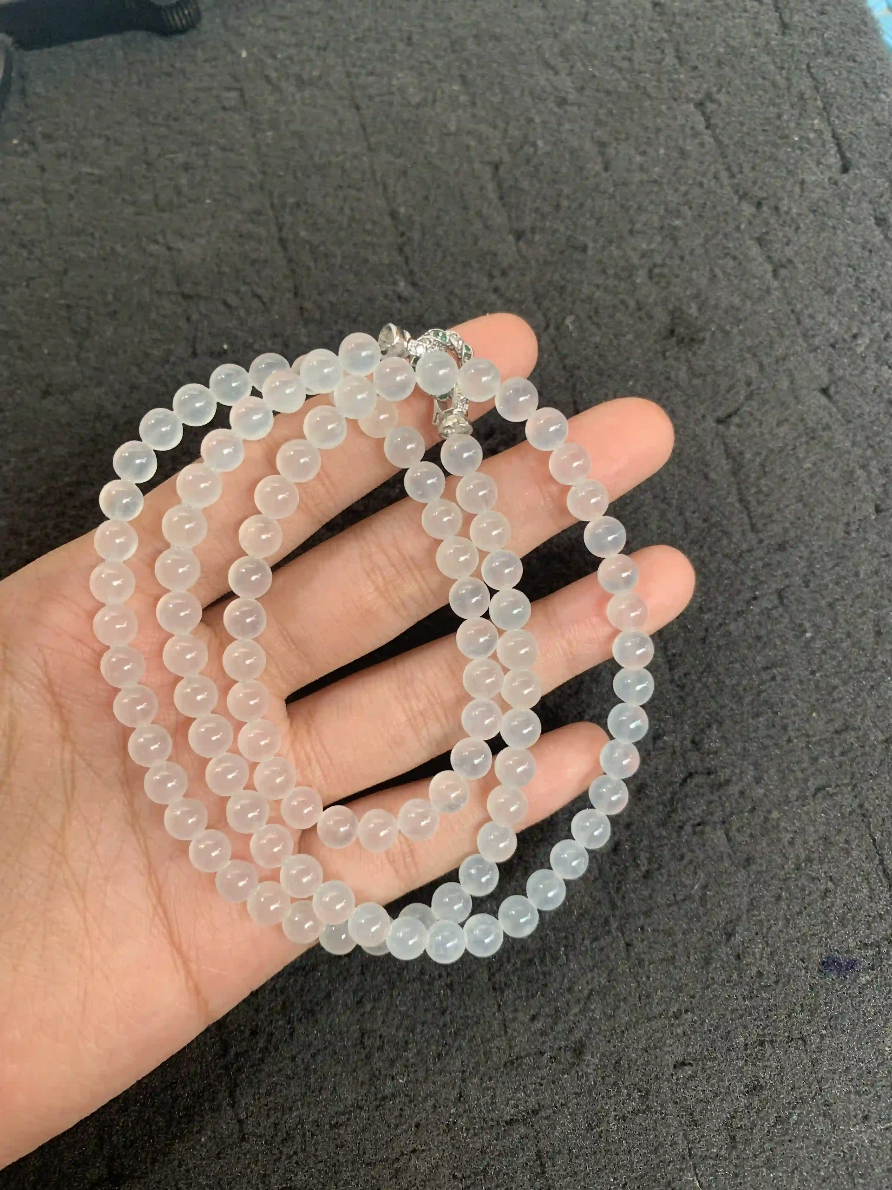 Translucent White Jade Bead Strand with Silver-Toned Accent, view 2 | Myanmar Jadeite reference #1380002