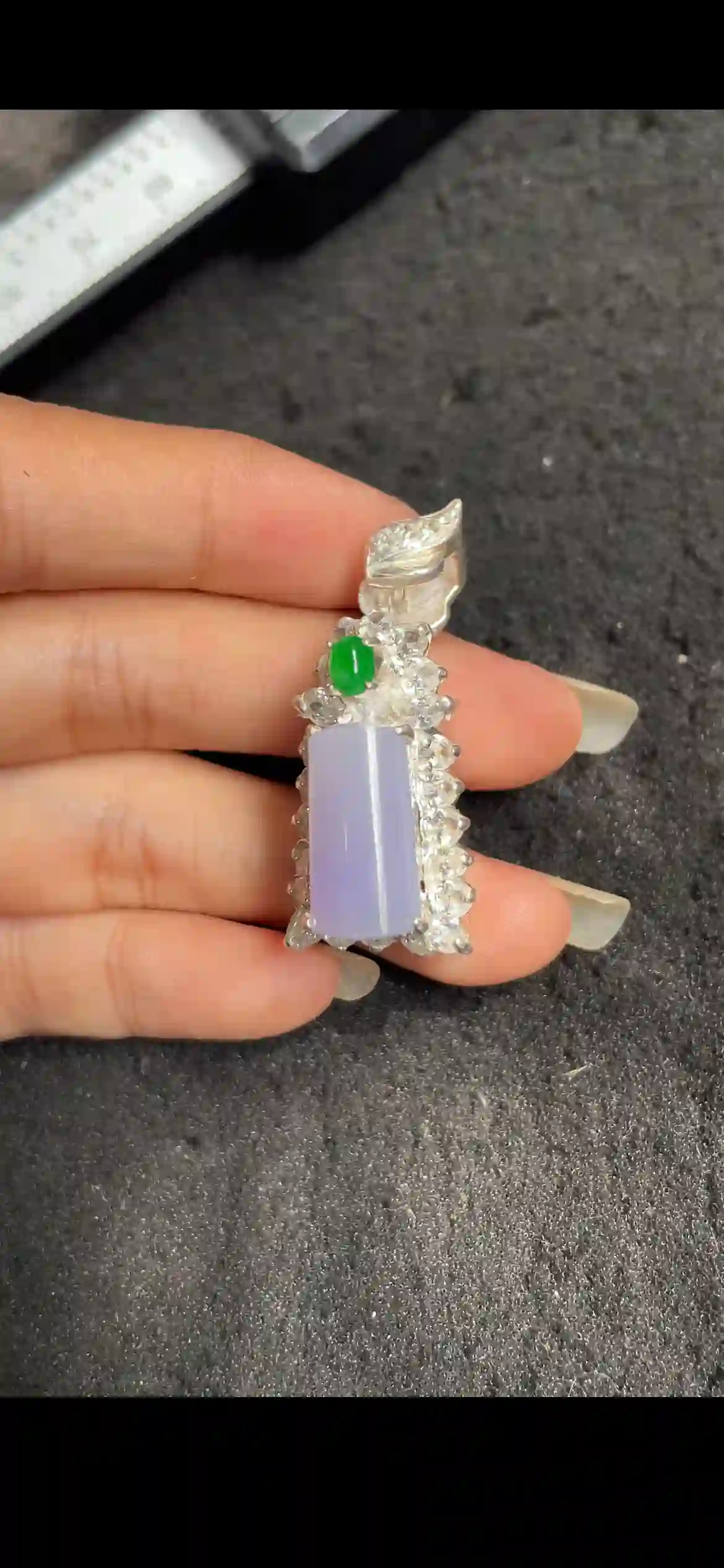 Lavender Jadeite Rectangle Pendant with Vivid Green Accent | Myanmar Jadeite reference #16890001