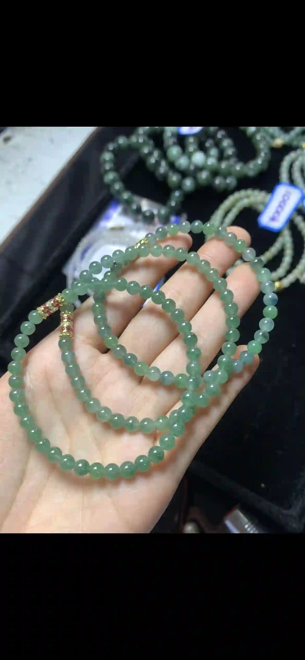 Icy Olive Green Jadeite Bead Necklace with Decorative Spacers | Myanmar Jadeite reference #15090001