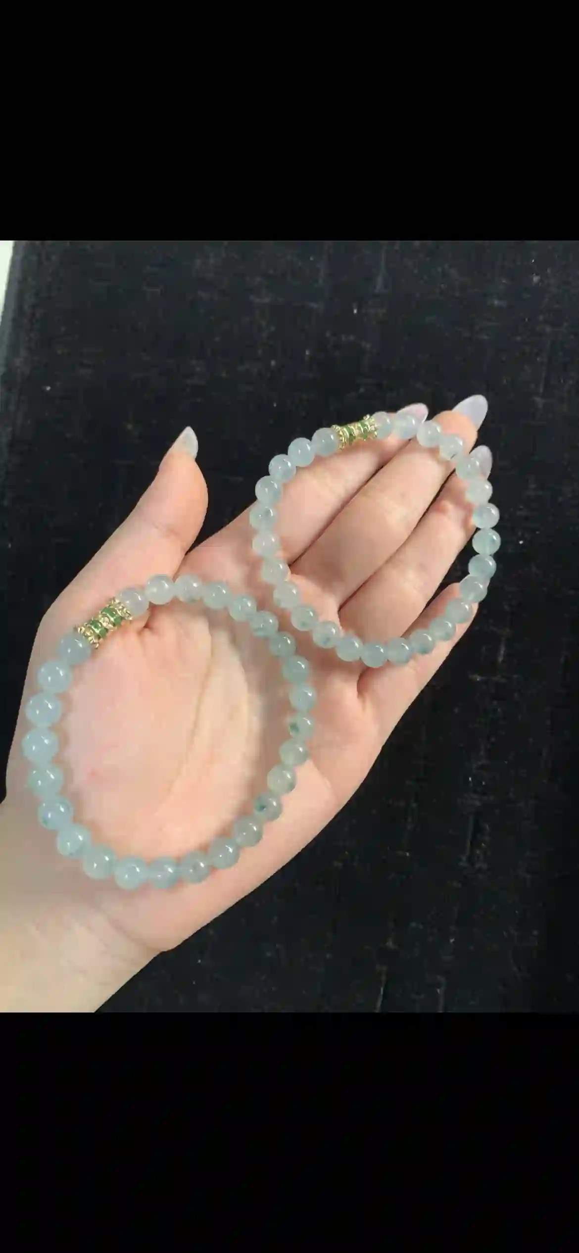 Icy Pale Celadon Jade Bracelet Pair with Floating Inclusions & Gold Clasps | Myanmar Jadeite reference #32610001