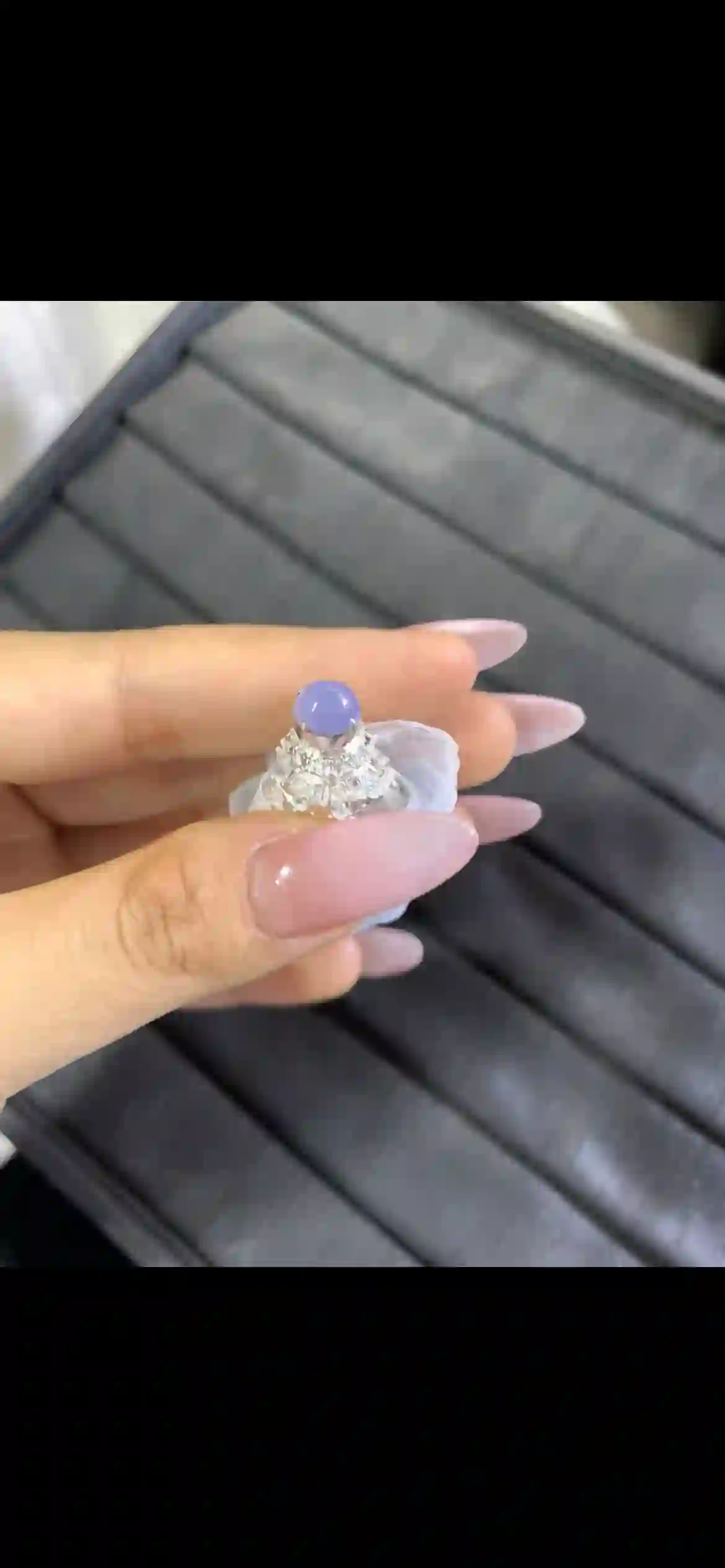 Natural Lavender Jadeite Cabochon Pendant with Diamond Halo Setting, view 2 | Myanmar Jadeite reference #6990002