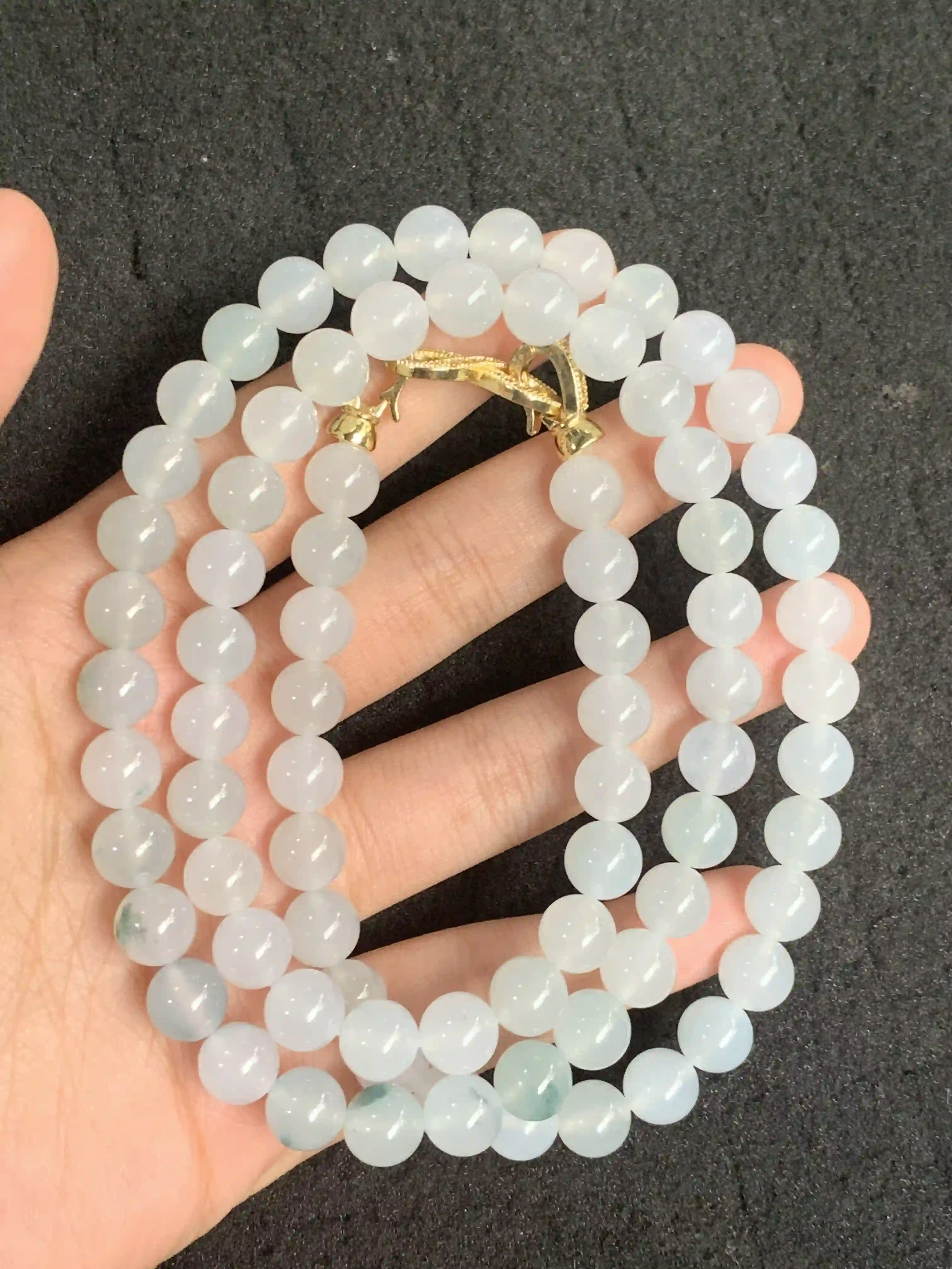 Natural Light Blue-Grey Jadeite Beaded Necklace with Gold Clasp | Myanmar Jadeite reference #990001