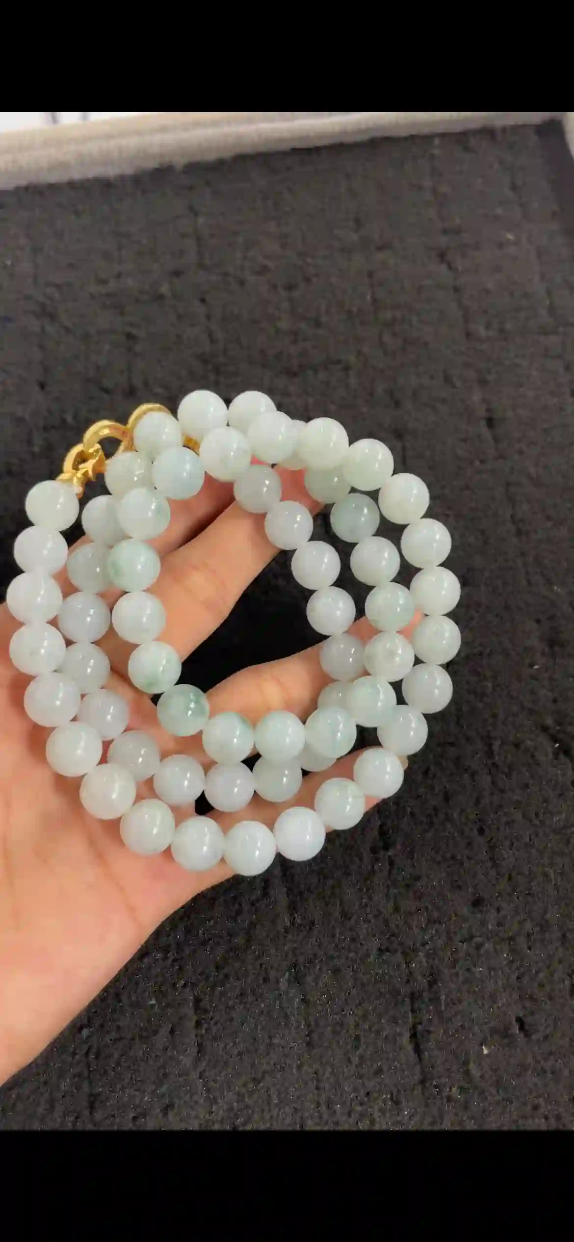  Icy Pale Celadon with Floating Green Jadeite Bead Strand | Myanmar Jadeite reference #9480005