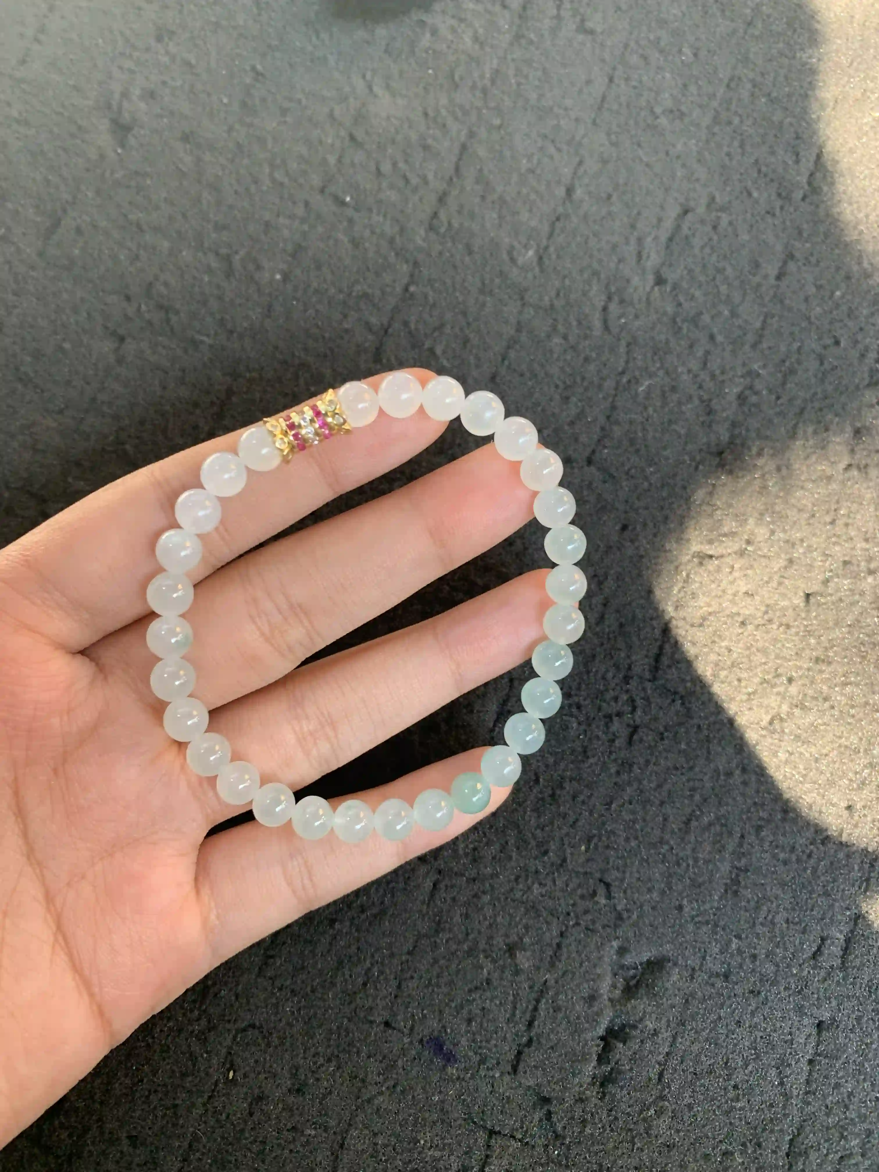 Gradient White-to-Green Jade Bead Bracelet with Embellished Accent, view 2 | Myanmar Jadeite reference #1380007