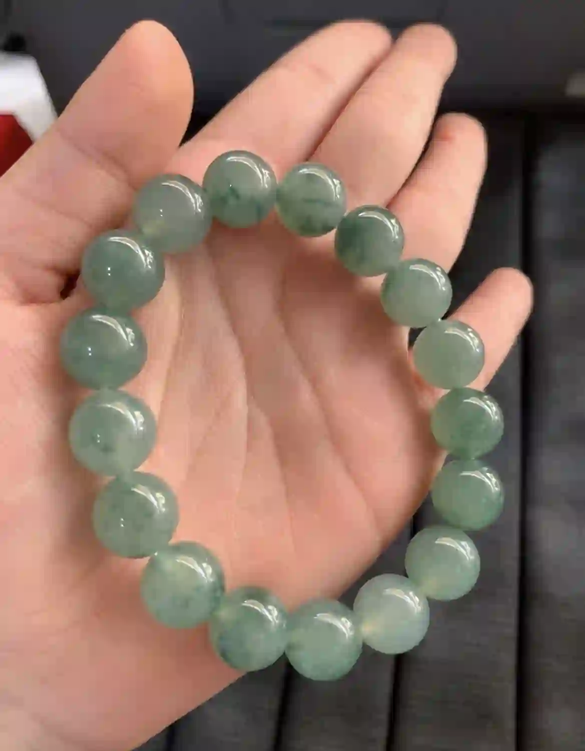 Natural Icy Green Jade Bead Bracelet with Floating Patterns, view 2 | Myanmar Jadeite reference #2610004