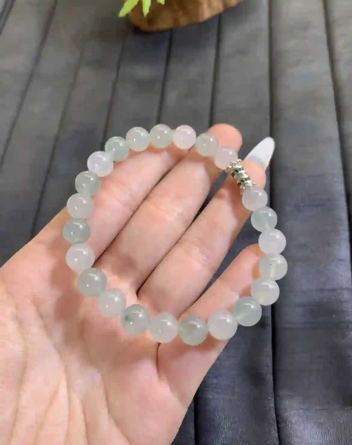 Natural Icy Green Jade Beaded Bracelet, view 2 | Myanmar Jadeite reference #2250009