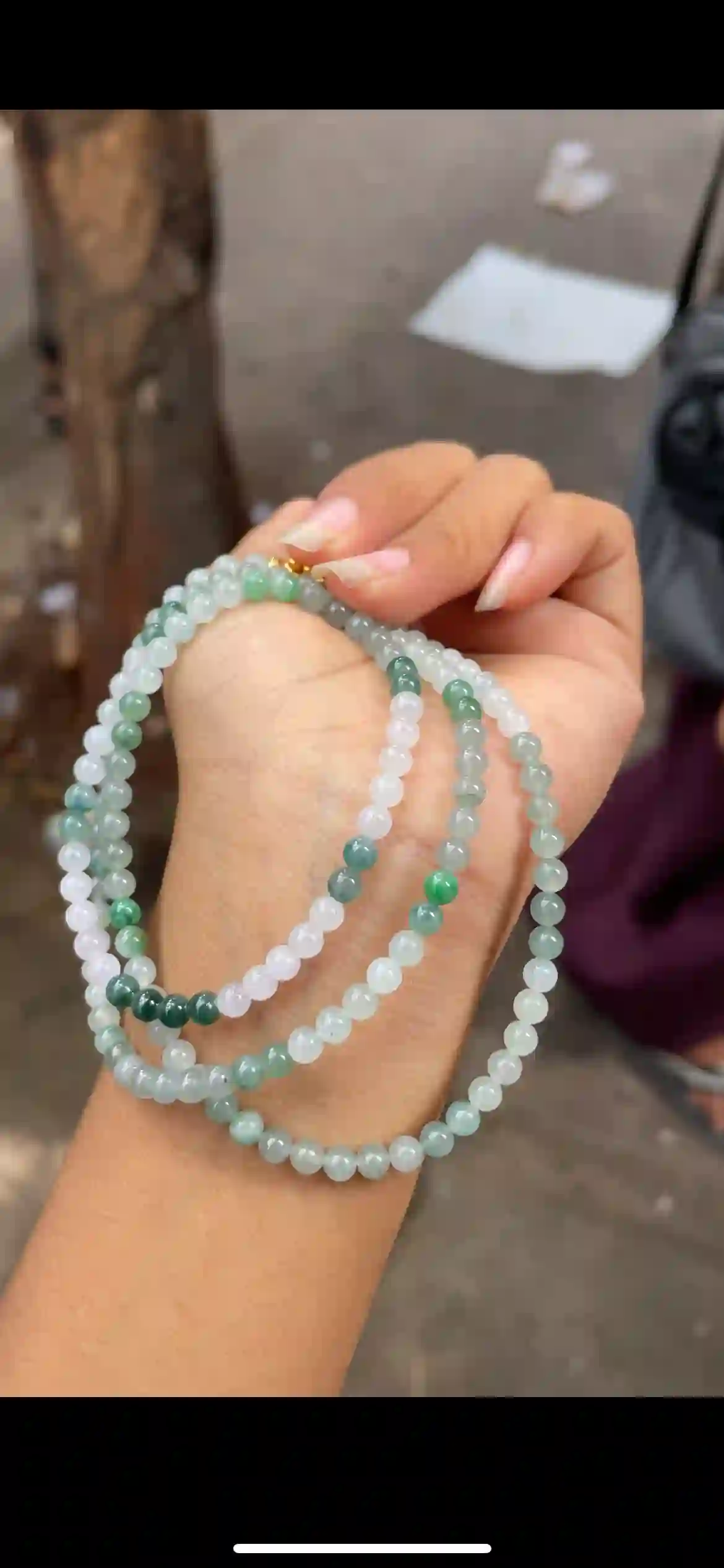 Icy Multi‑Shade Green Jadeite Three‑Wrap Strand, view 2 | Myanmar Jadeite reference #14010001