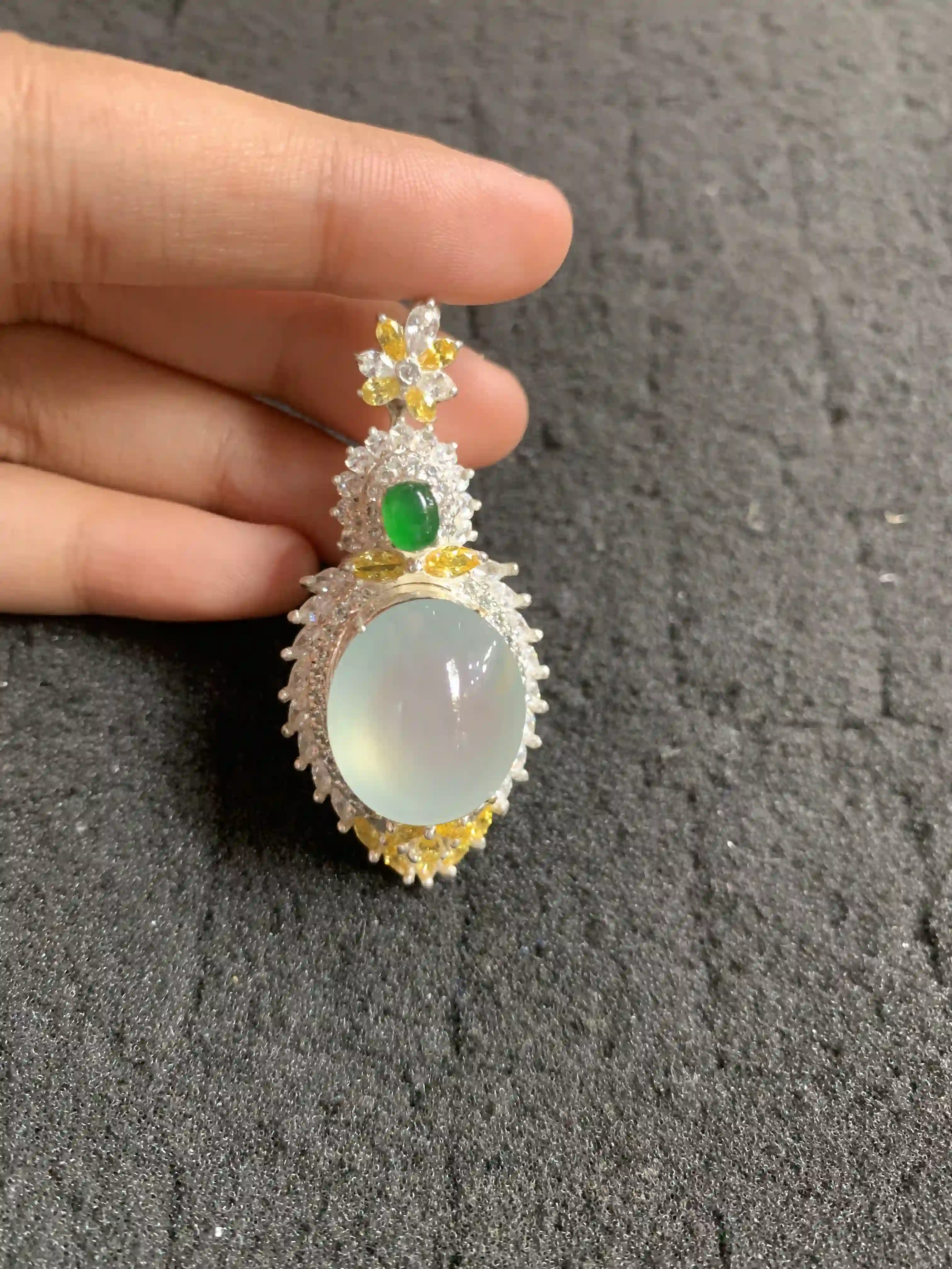  Natural Icy Green Jade Pendant with Colorful Accents, view 2 | Myanmar Jadeite reference #1920004