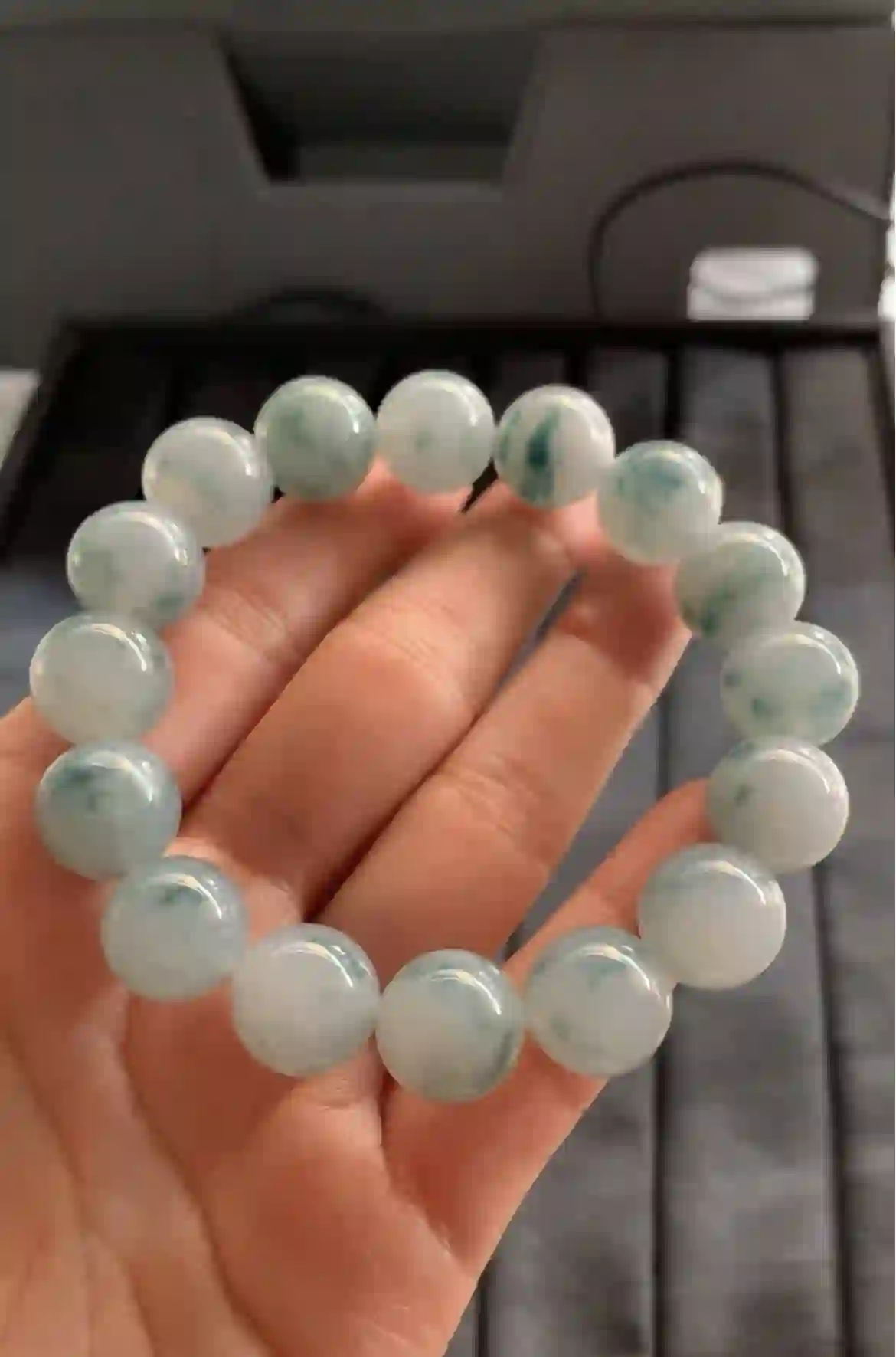 Natural Icy White Jade with Blue Green Patterns Bracelet, view 2 | Myanmar Jadeite reference #2010005