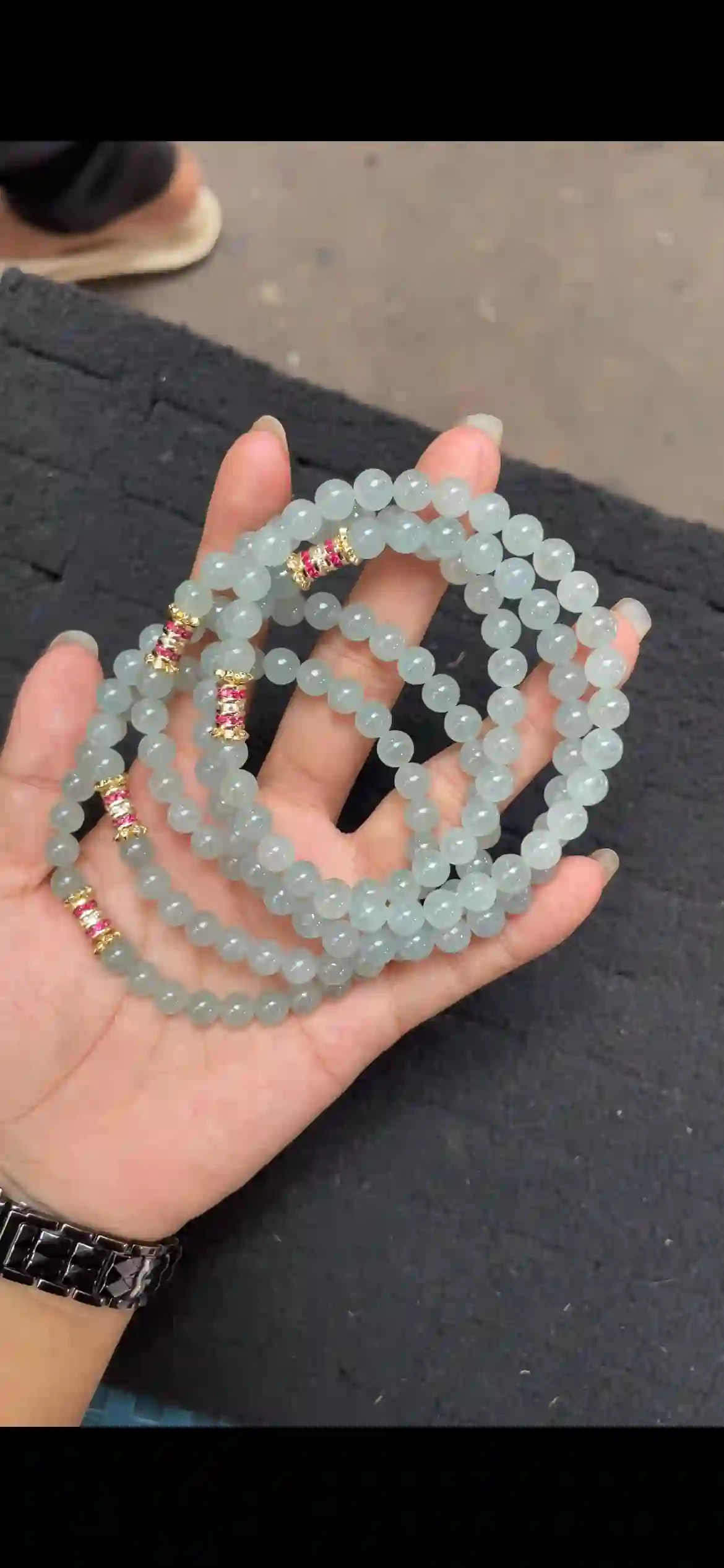 Icy Pale Blue-Green Translucent Jadeite Multi-Strand Bracelet with Gold Accents | Myanmar Jadeite reference #4650005