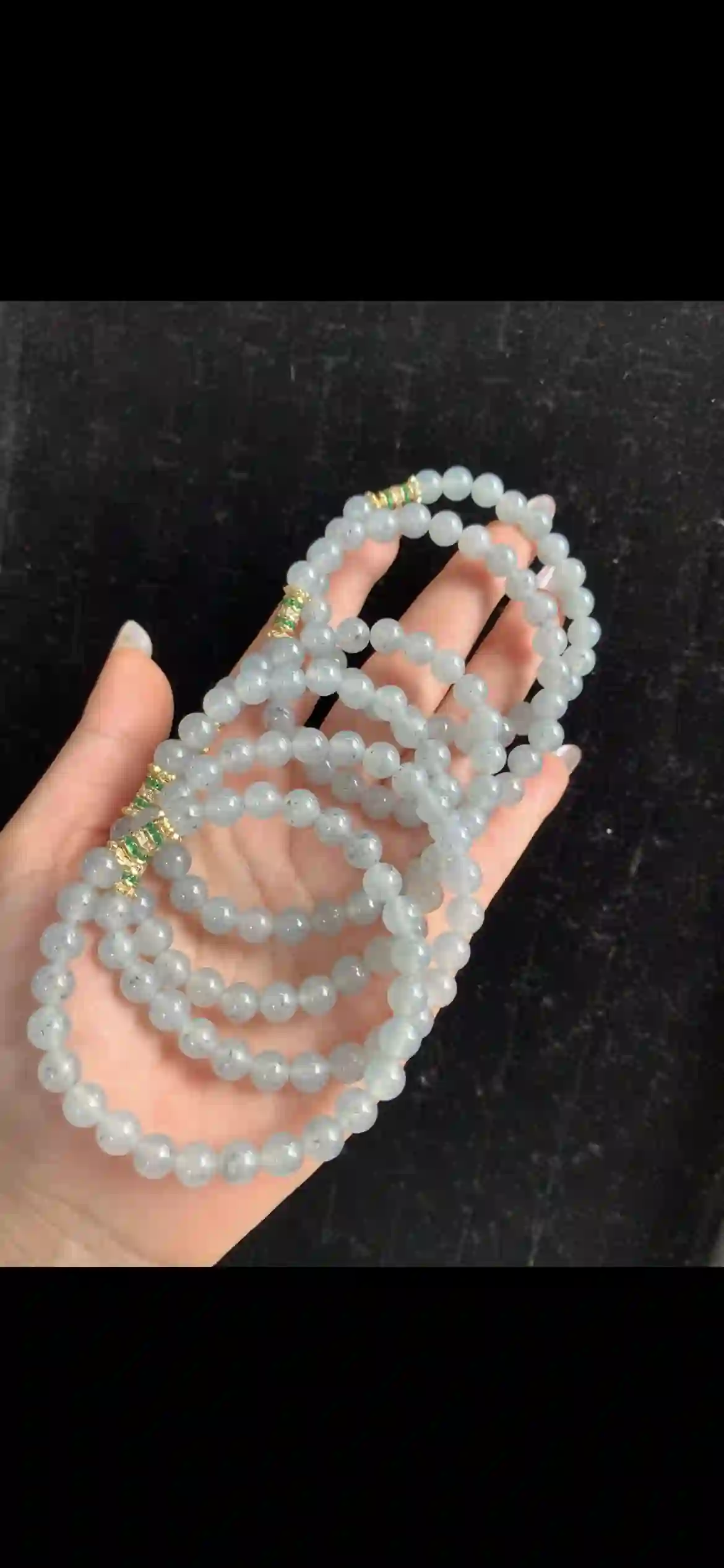 Icy Milky White Jade Multi-Strand Necklace with Gold & Emerald Accents, view 2 | Myanmar Jadeite reference #32310001