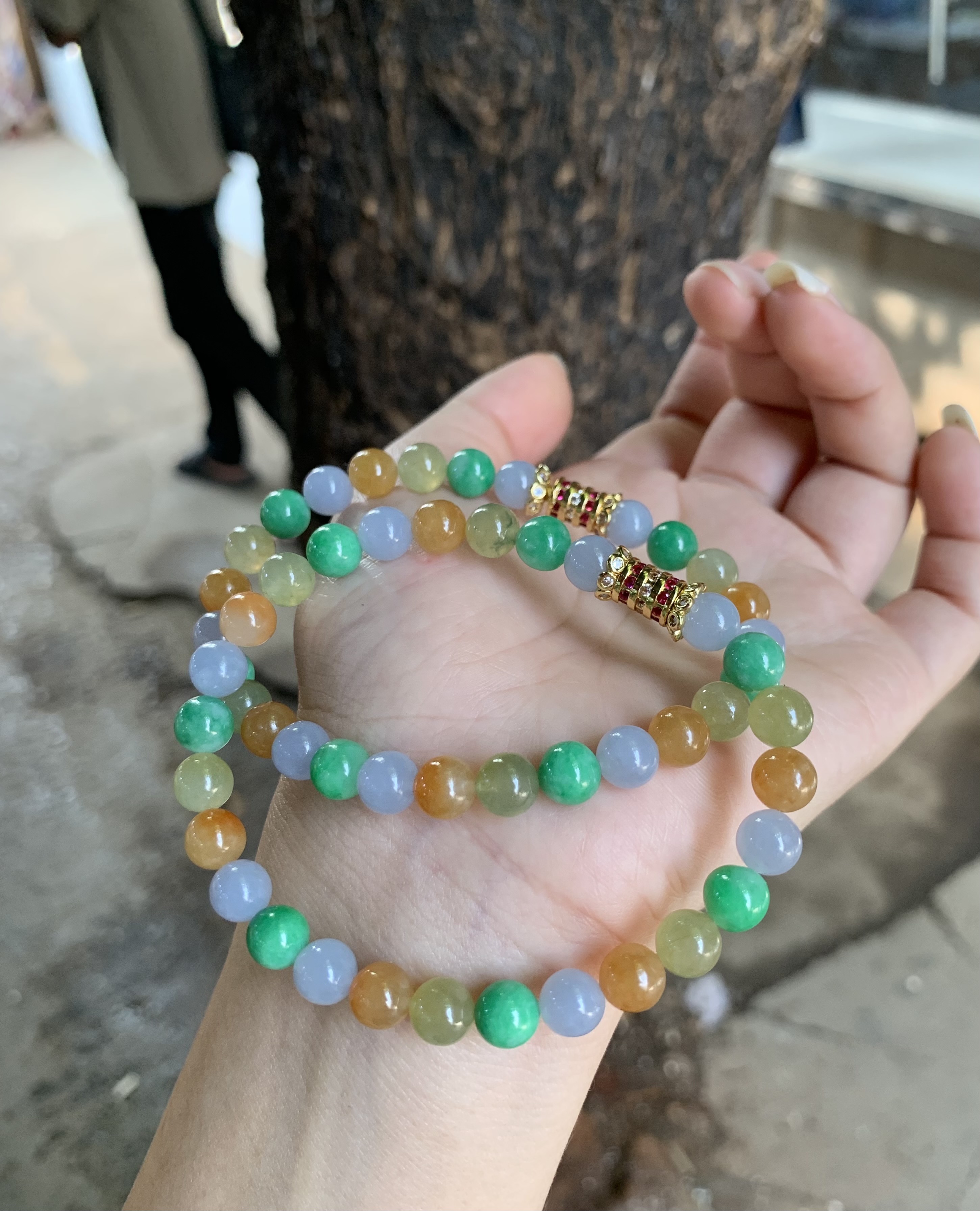 Multi-Color Jadeite Bead Bracelets with Decorative Gold Clasps