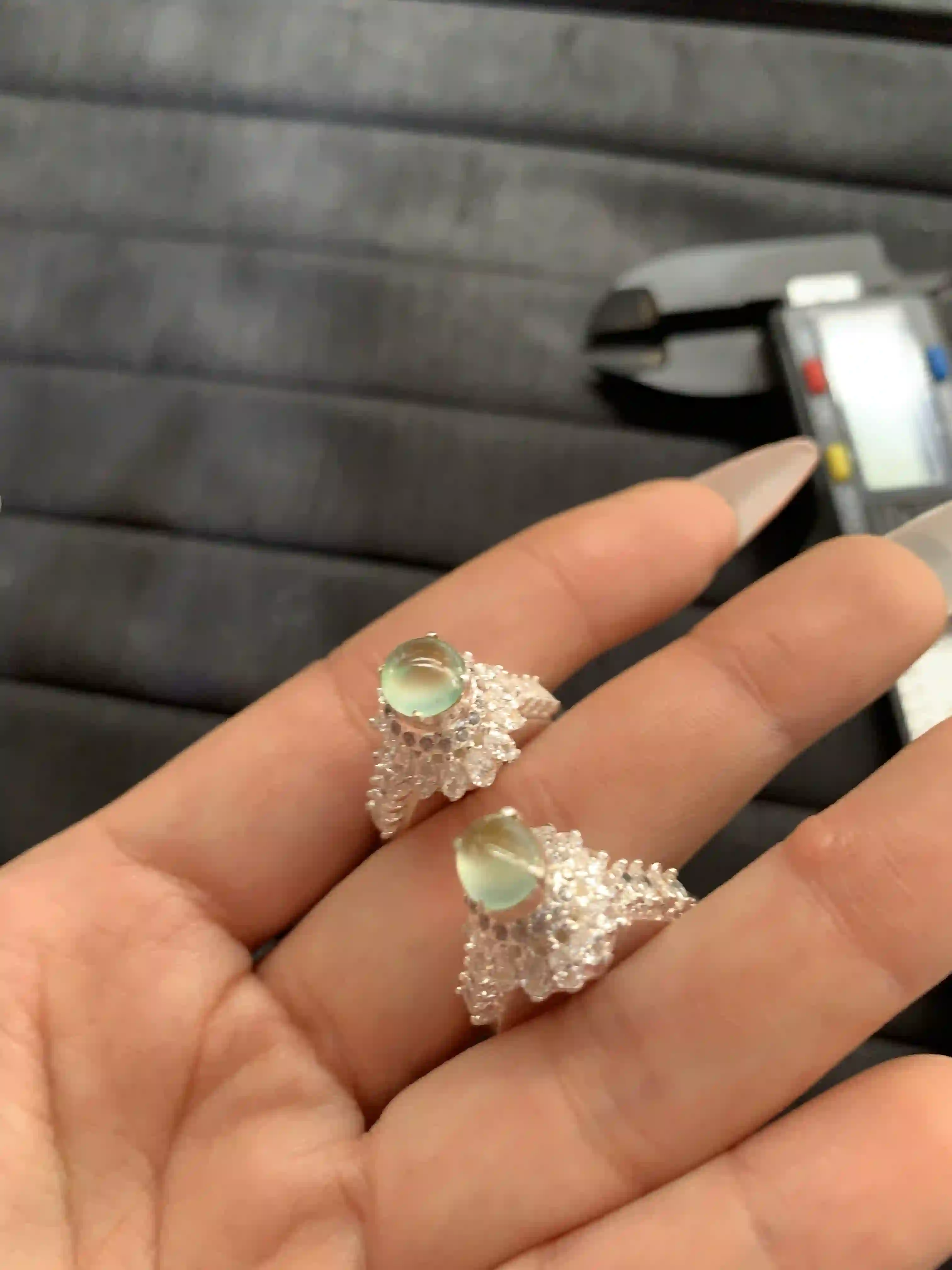  Pair of Silver-Toned Rings with Green Translucent Cabochons | Myanmar Jadeite reference #1260002