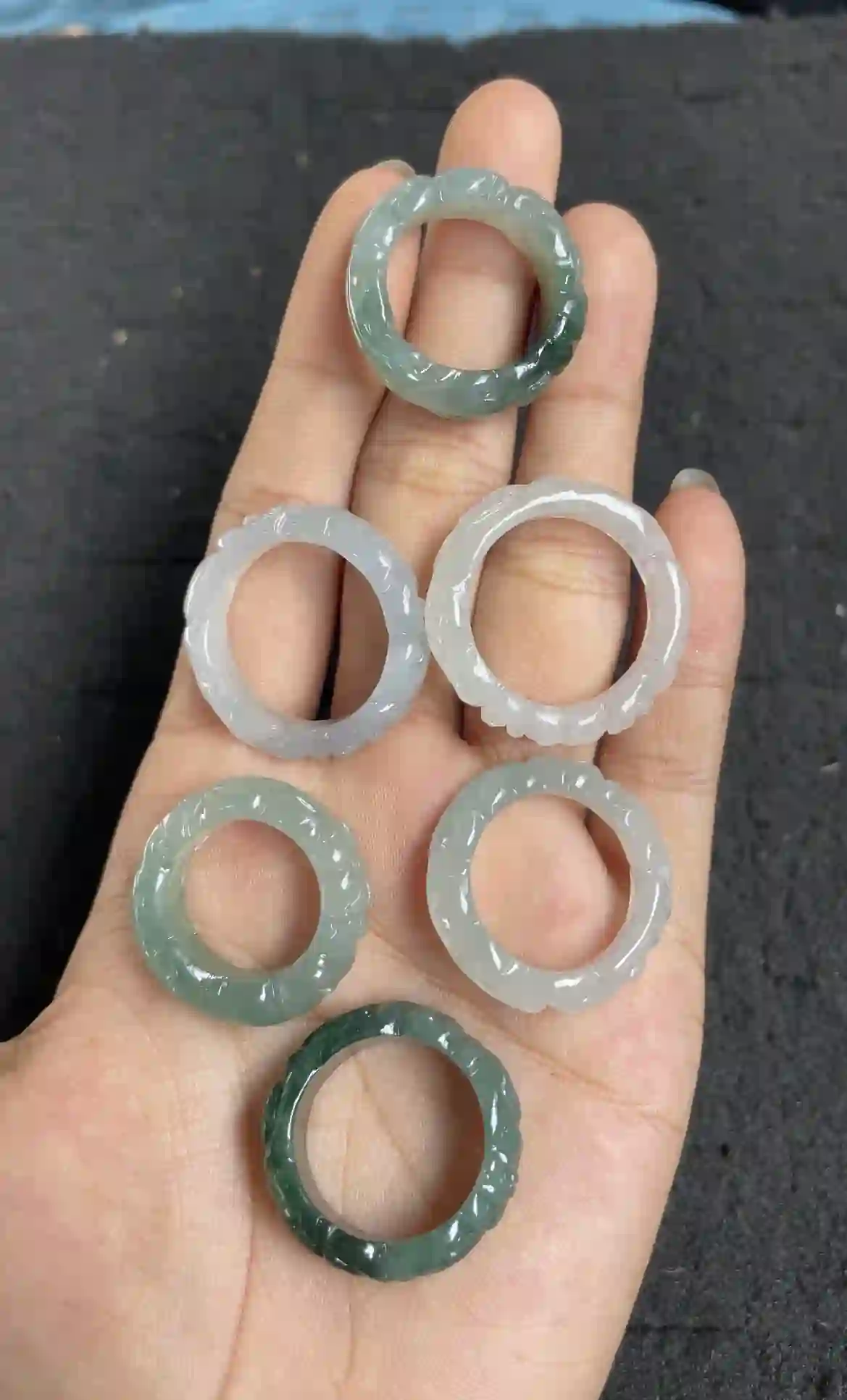 Set of Natural Jade Carved Rings in Assorted Colors, view 2 | Myanmar Jadeite reference #2490005