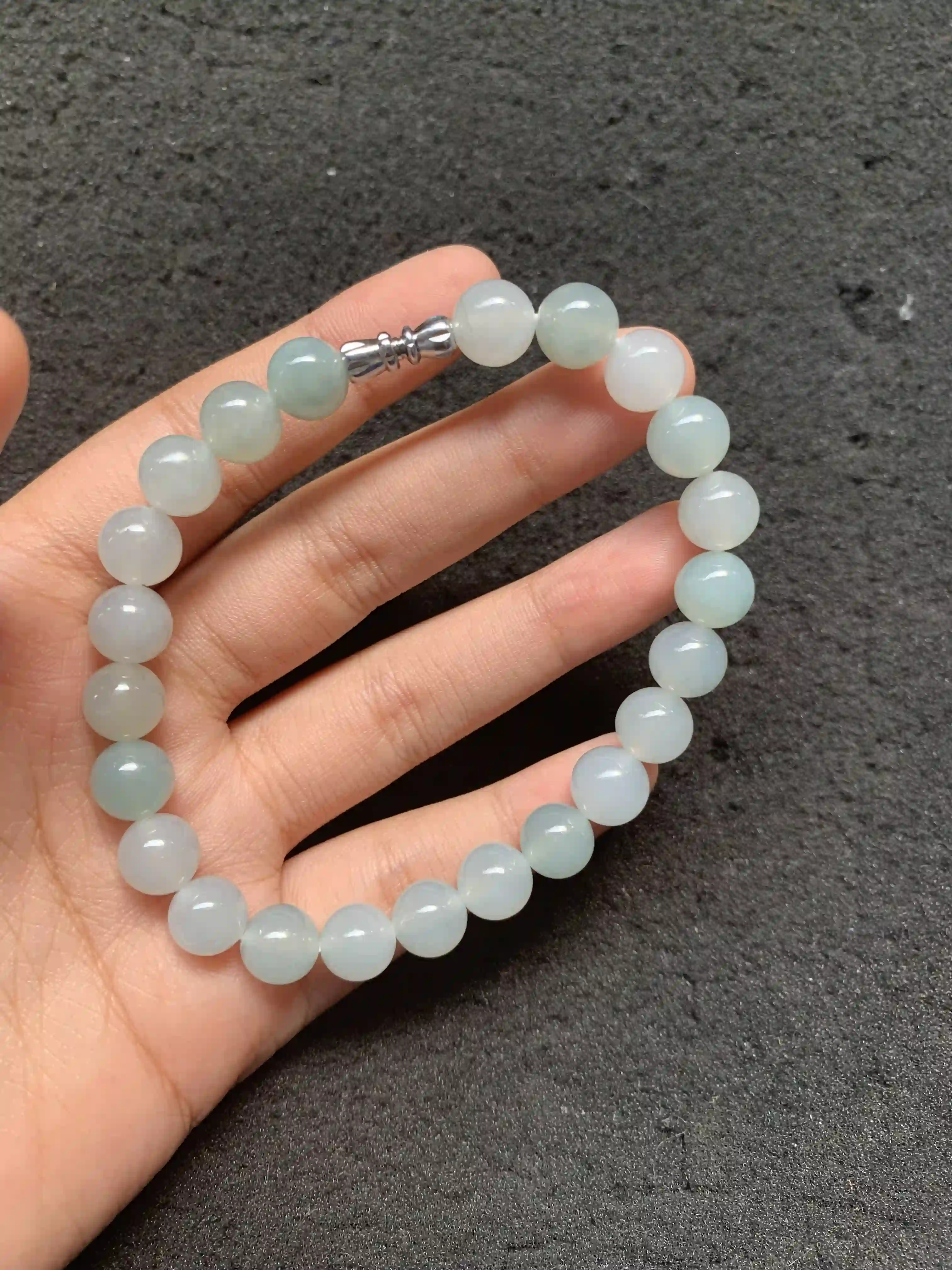 Light Blue-Gray Jade Beaded Bracelet with Silver-Toned Clasp, view 2 | Myanmar Jadeite reference #780002