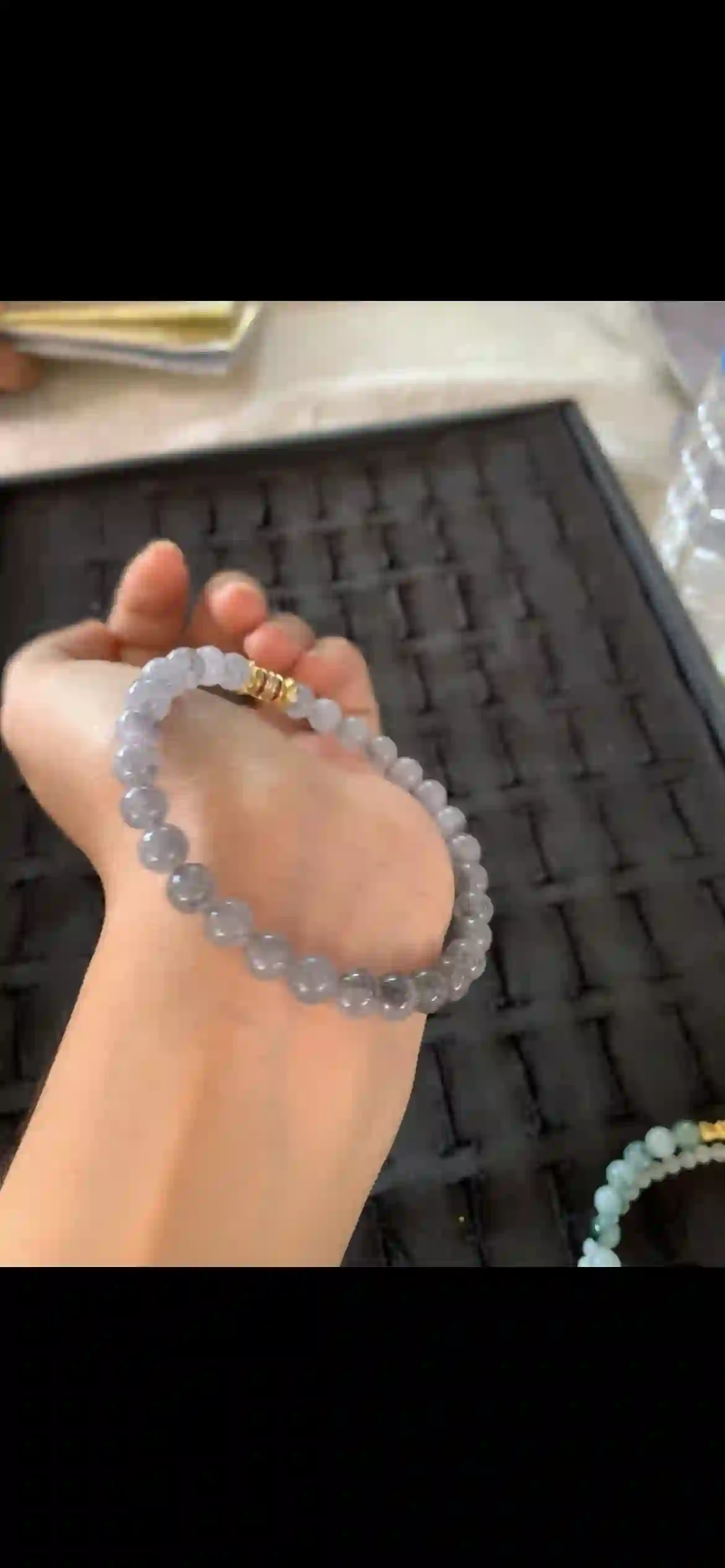 Smoky Lavender Gray Jade Beaded Bracelet with Gold Accent, view 2 | Myanmar Jadeite reference #27570001