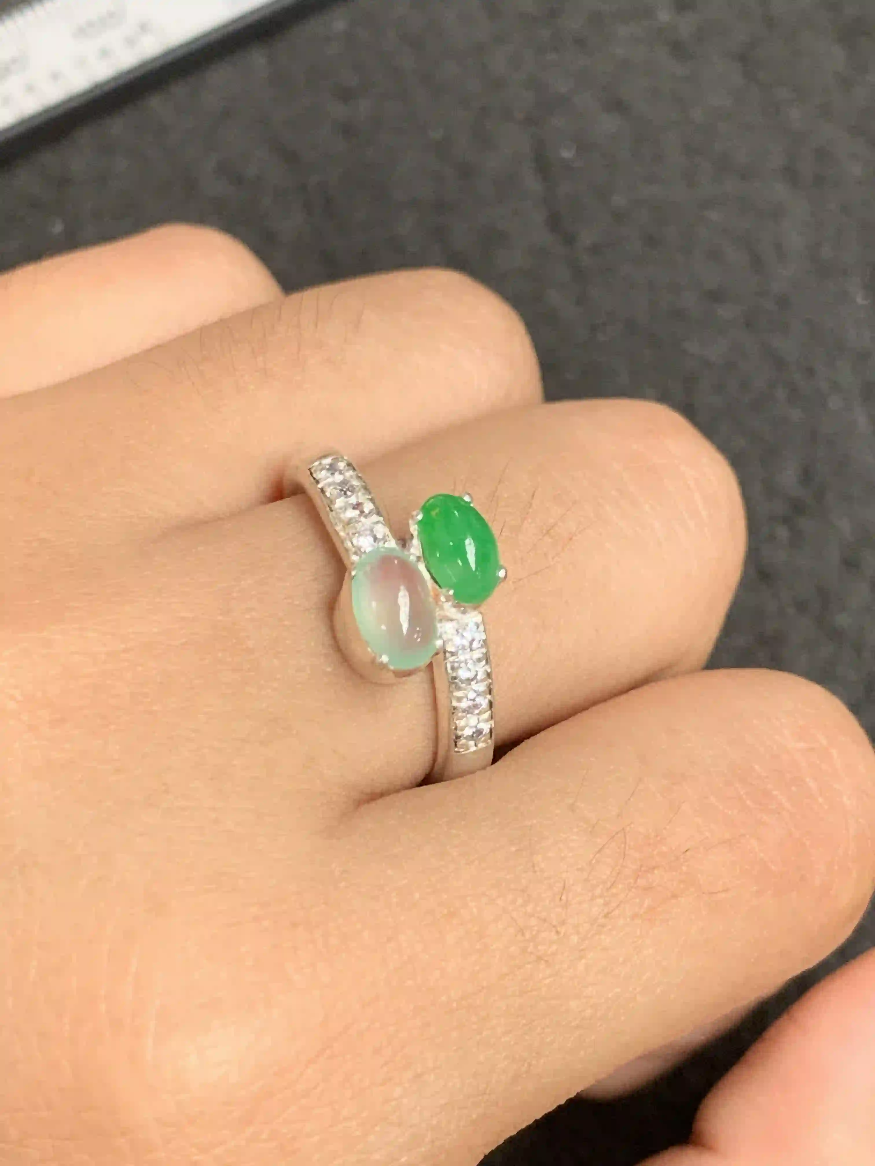  Stylish Two-Stone Ring with Sparkling Band | Myanmar Jadeite reference #1530005
