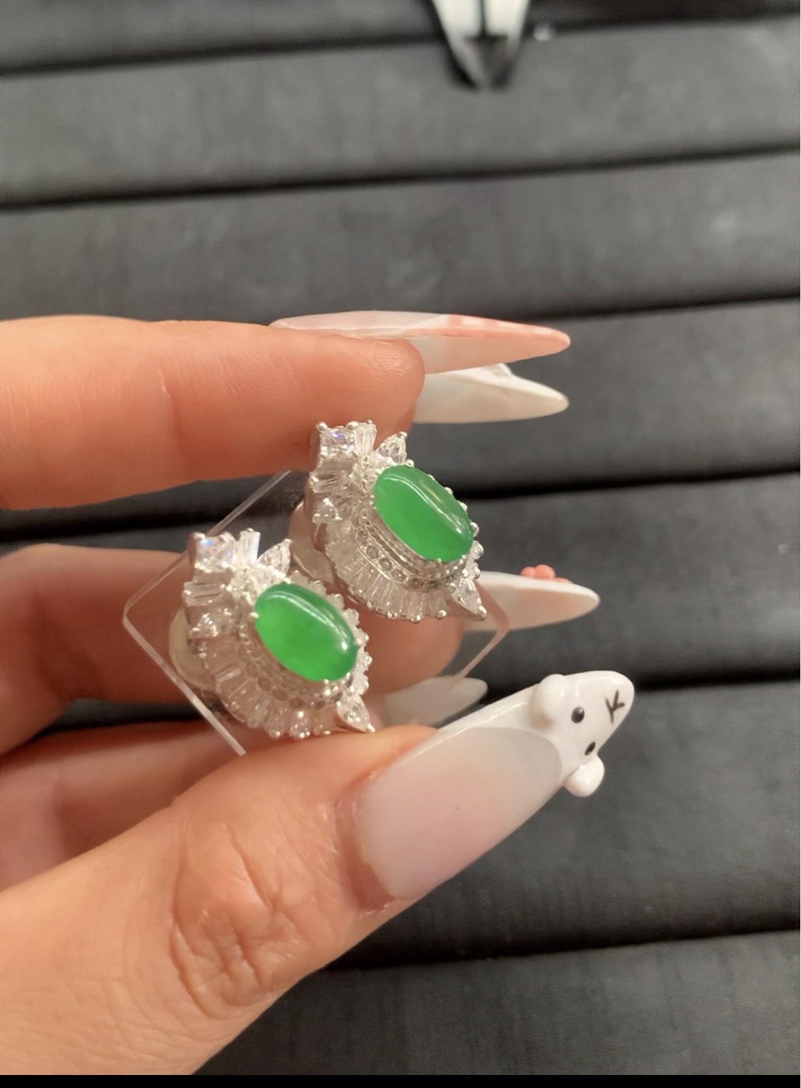 Luxurious Vivid Green Jadeite and Crystal Stud Earrings - Burmese Jadeite from Myanmar