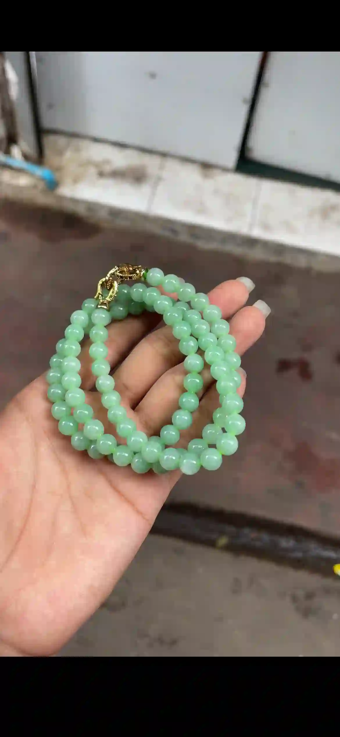 Triple-Strand Fresh Mint Green Jade Bead Bracelet with Gold Clasp, view 2 | Myanmar Jadeite reference #17760001