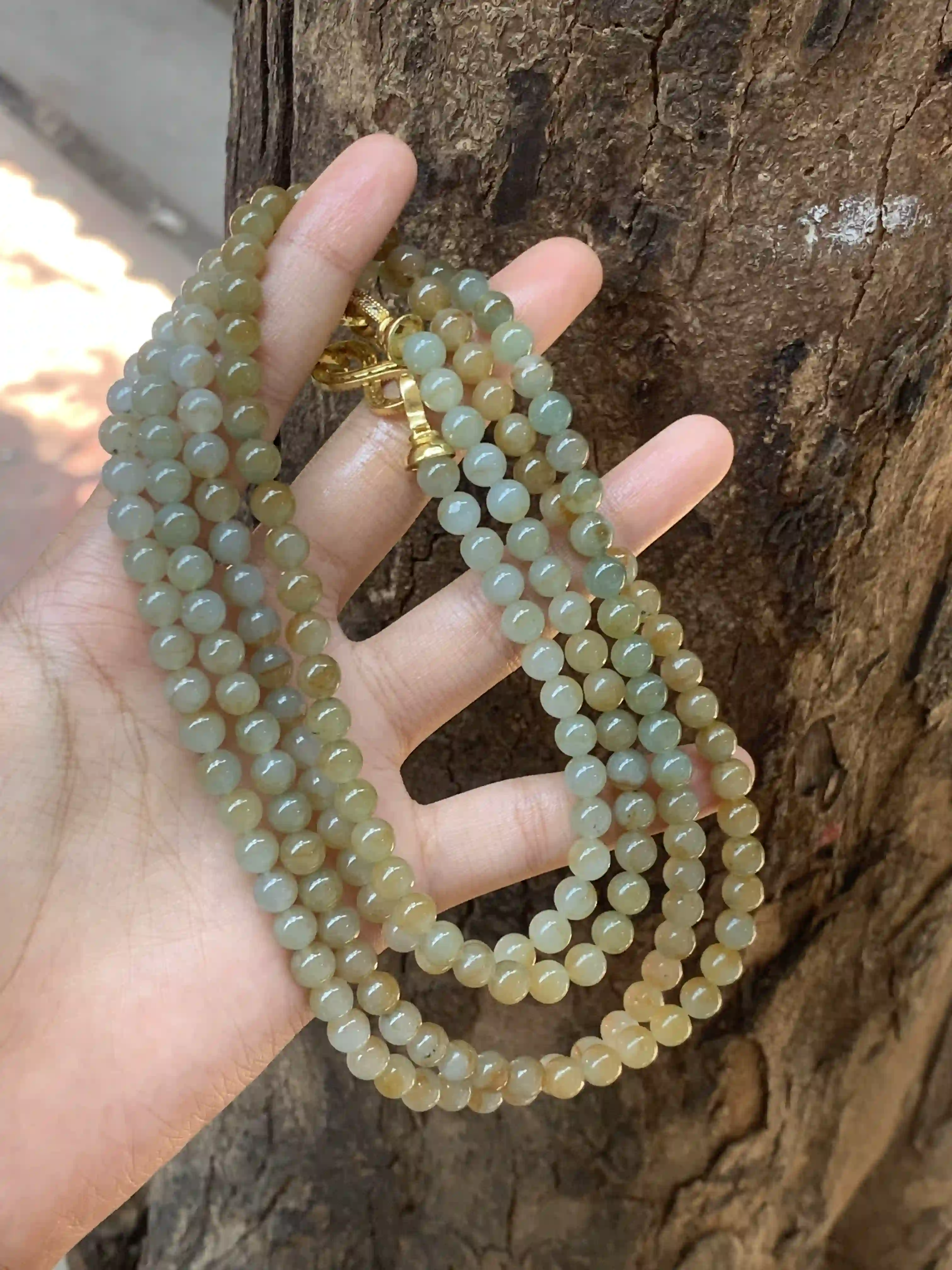 Natural Yellowish Green Jade Bead Necklace, view 2 | Myanmar Jadeite reference #2010003