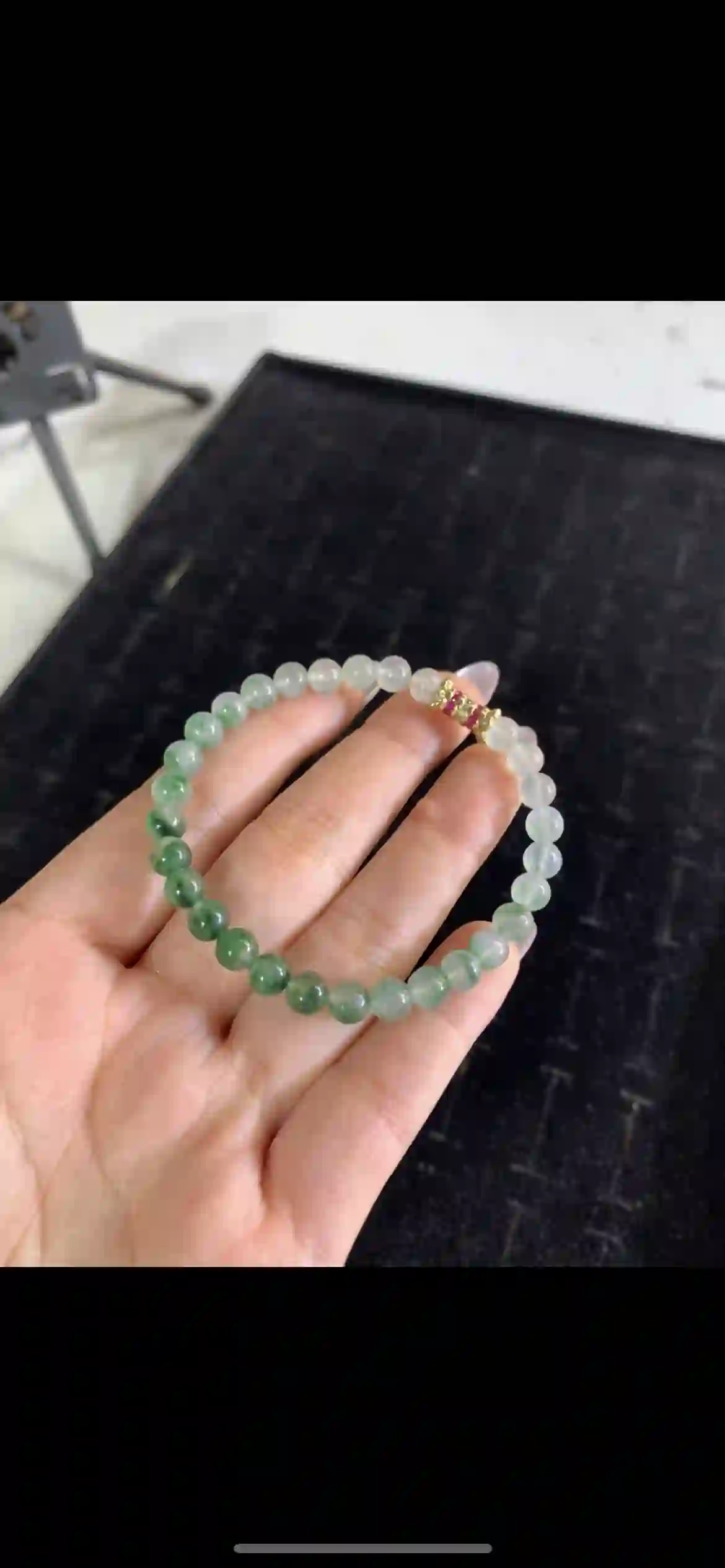 Gradient Floating Green Jade Beaded Bracelet with Gold & Pink Gem Accent, view 3 | Myanmar Jadeite reference #23280001