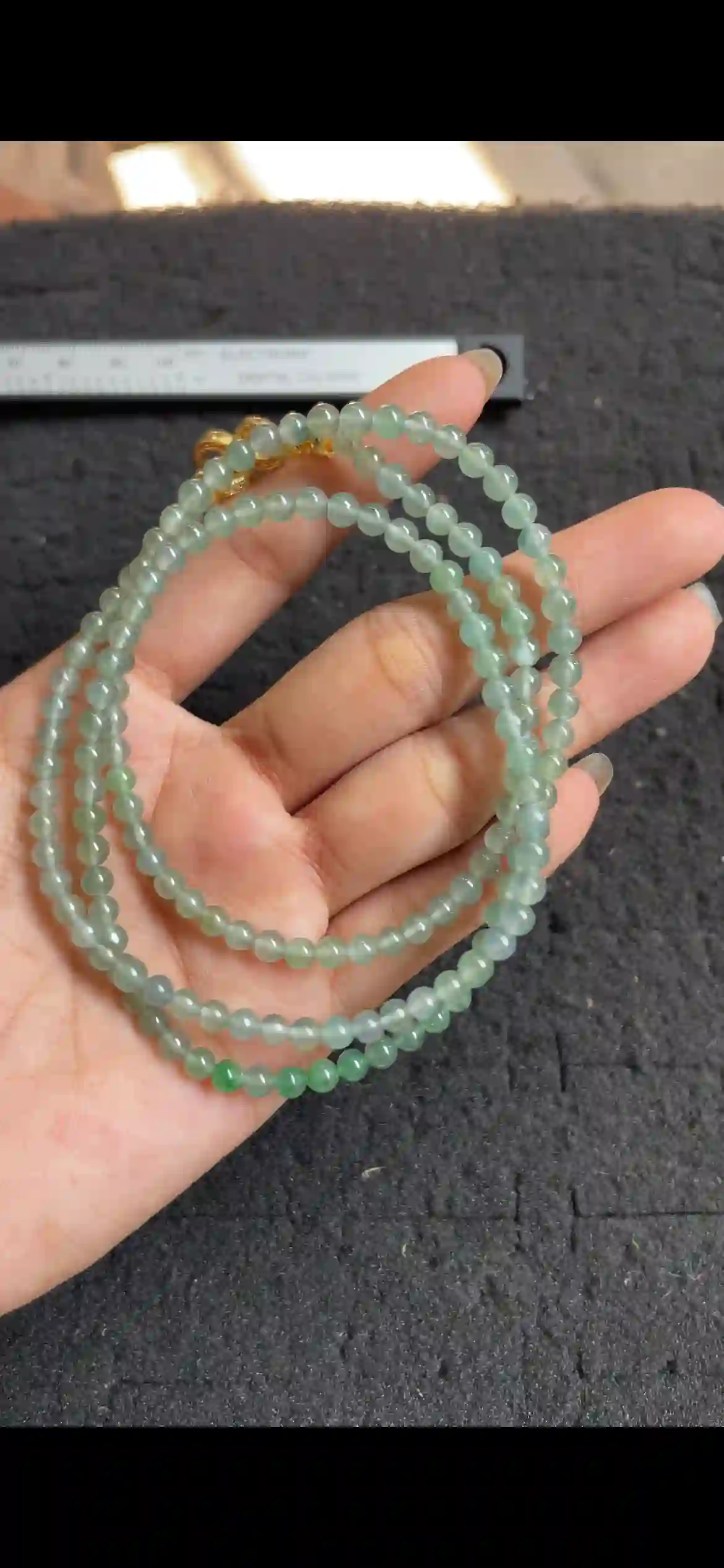 Icy Translucent Green Jade Bead Necklace, Dainty Round Beaded Chain with Gold Clasp, view 2 | Myanmar Jadeite reference #4710001