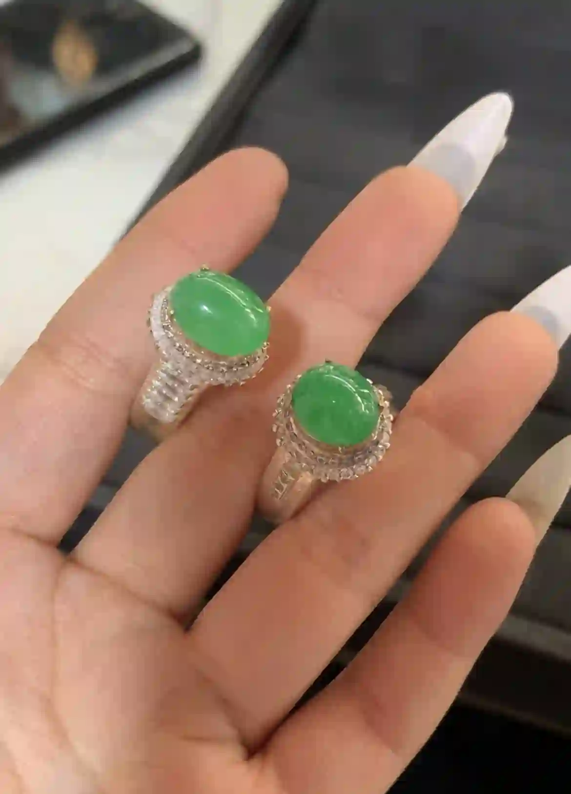 Natural Vivid Green Jade Diamond Halo Ring | Myanmar Jadeite reference #1710008
