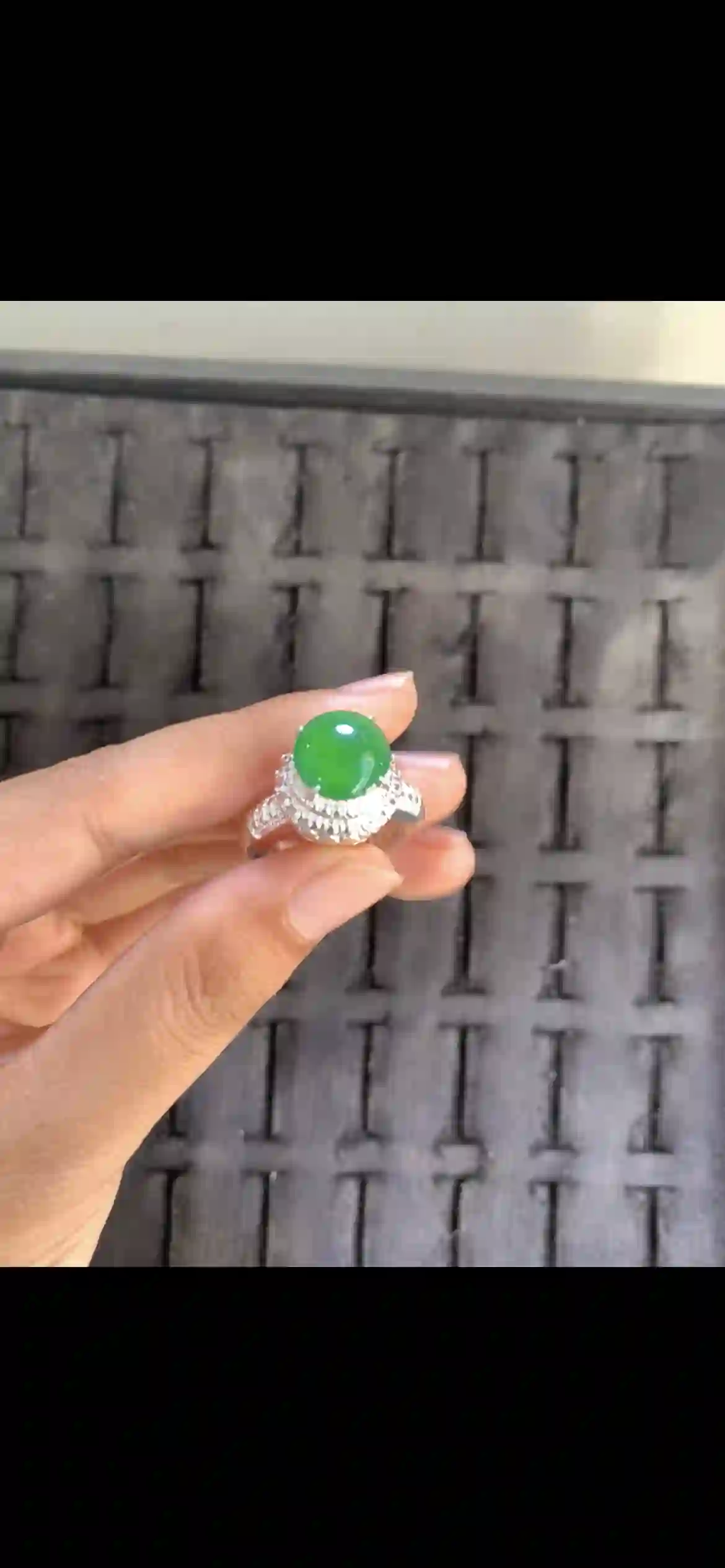 Round Vivid Emerald Green Jade Ring with Double Diamond Halo, view 2 | Myanmar Jadeite reference #19050001