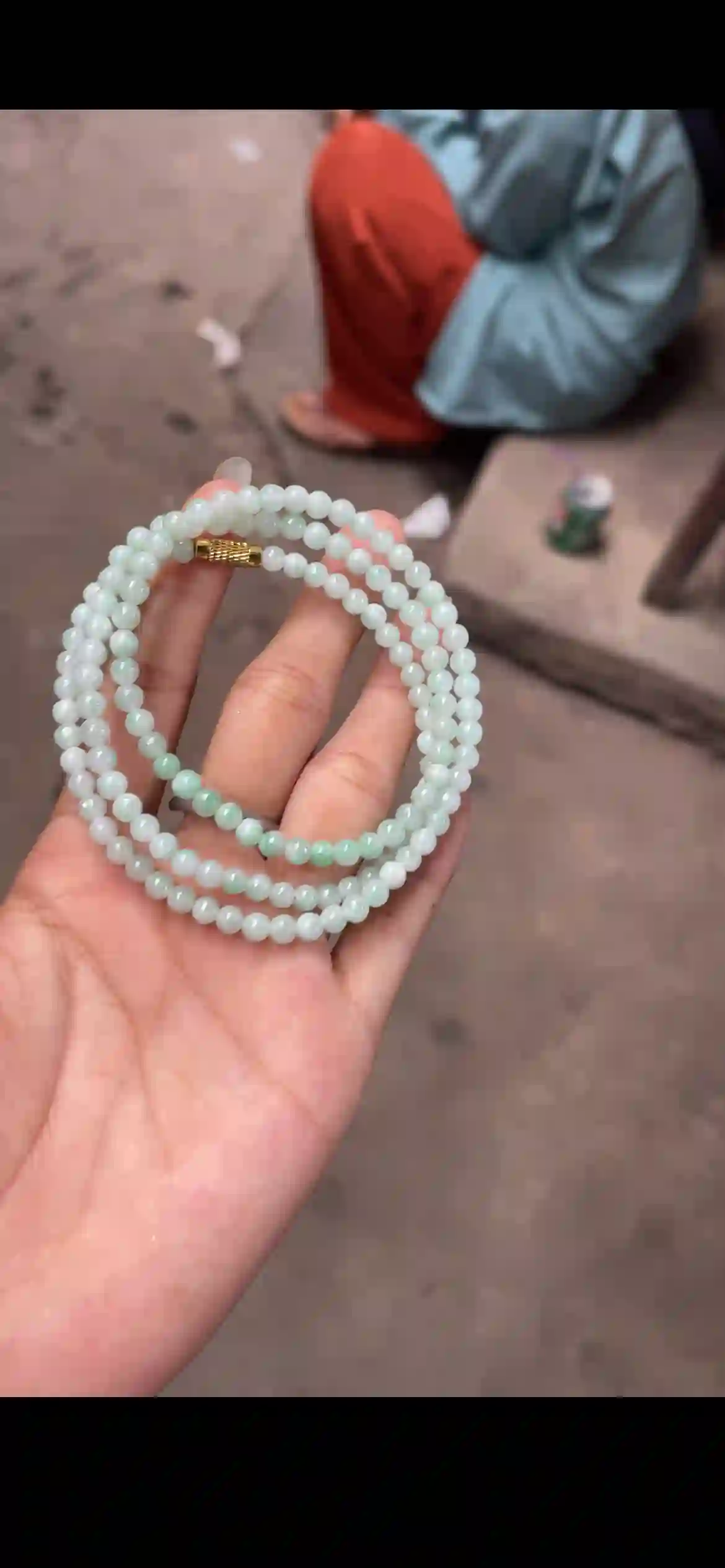 Icy White & Apple Green Gradient Jade Bead Necklace with Gold Clasp, view 2 | Myanmar Jadeite reference #21450001