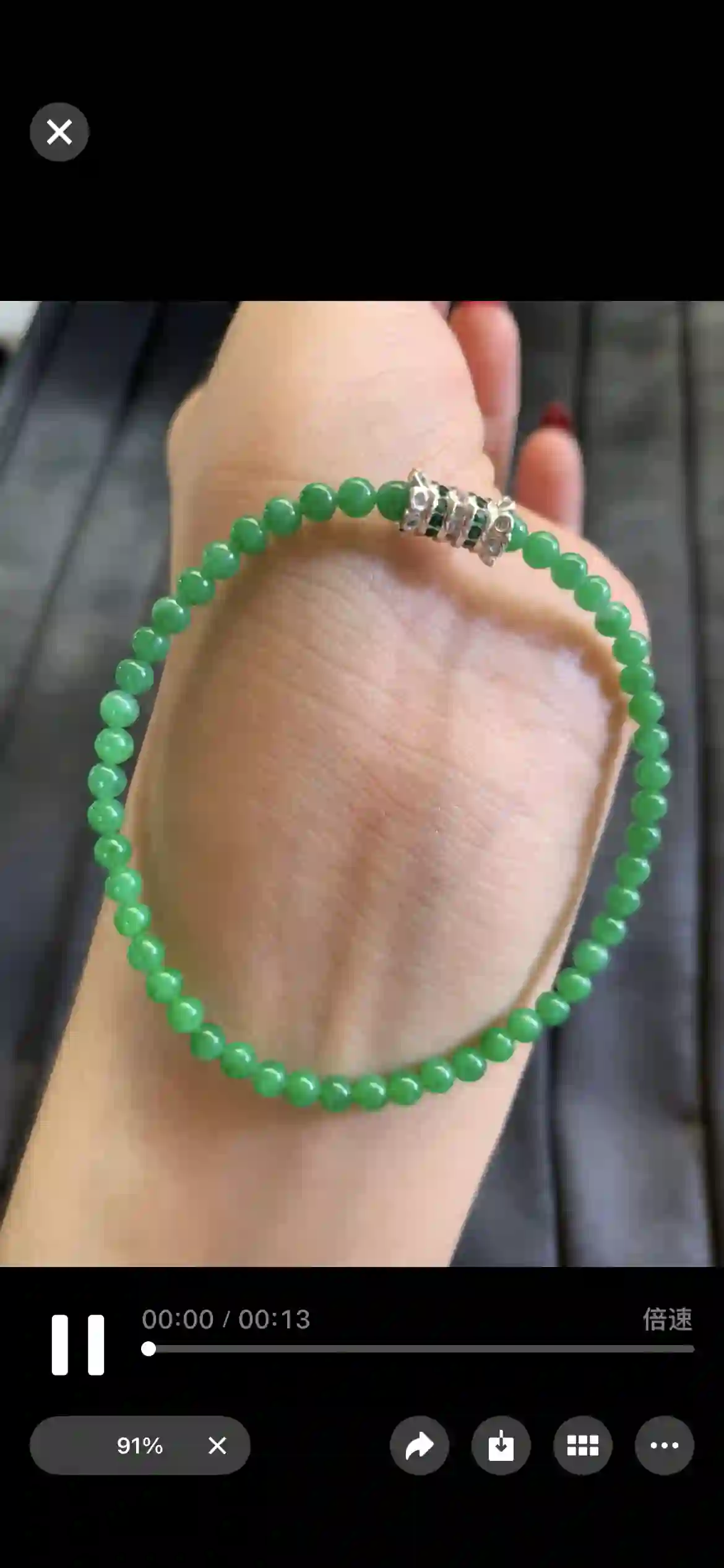   Vibrant Rich Green Jadeite Beaded Bracelet with Silver Plated Gemstone Accent, view 2 | Myanmar Jadeite reference #3570001