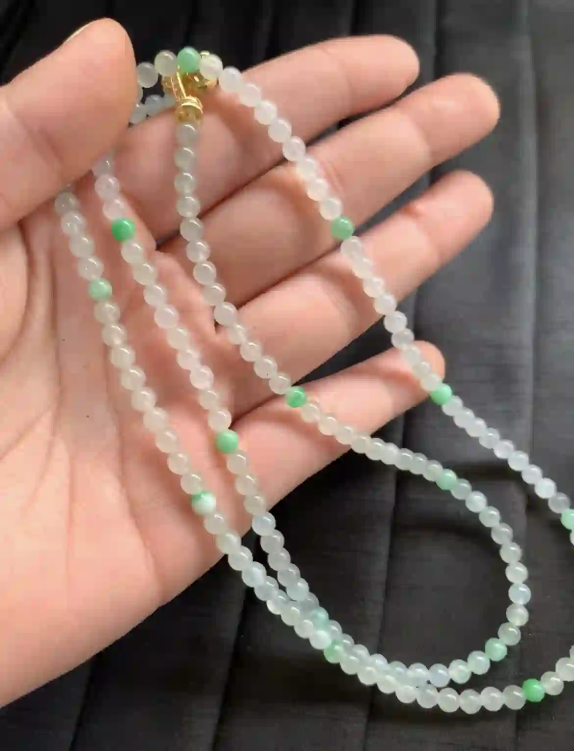 Delicate Icy Jade Bead Necklace with Green Accents | Myanmar Jadeite reference #2640005