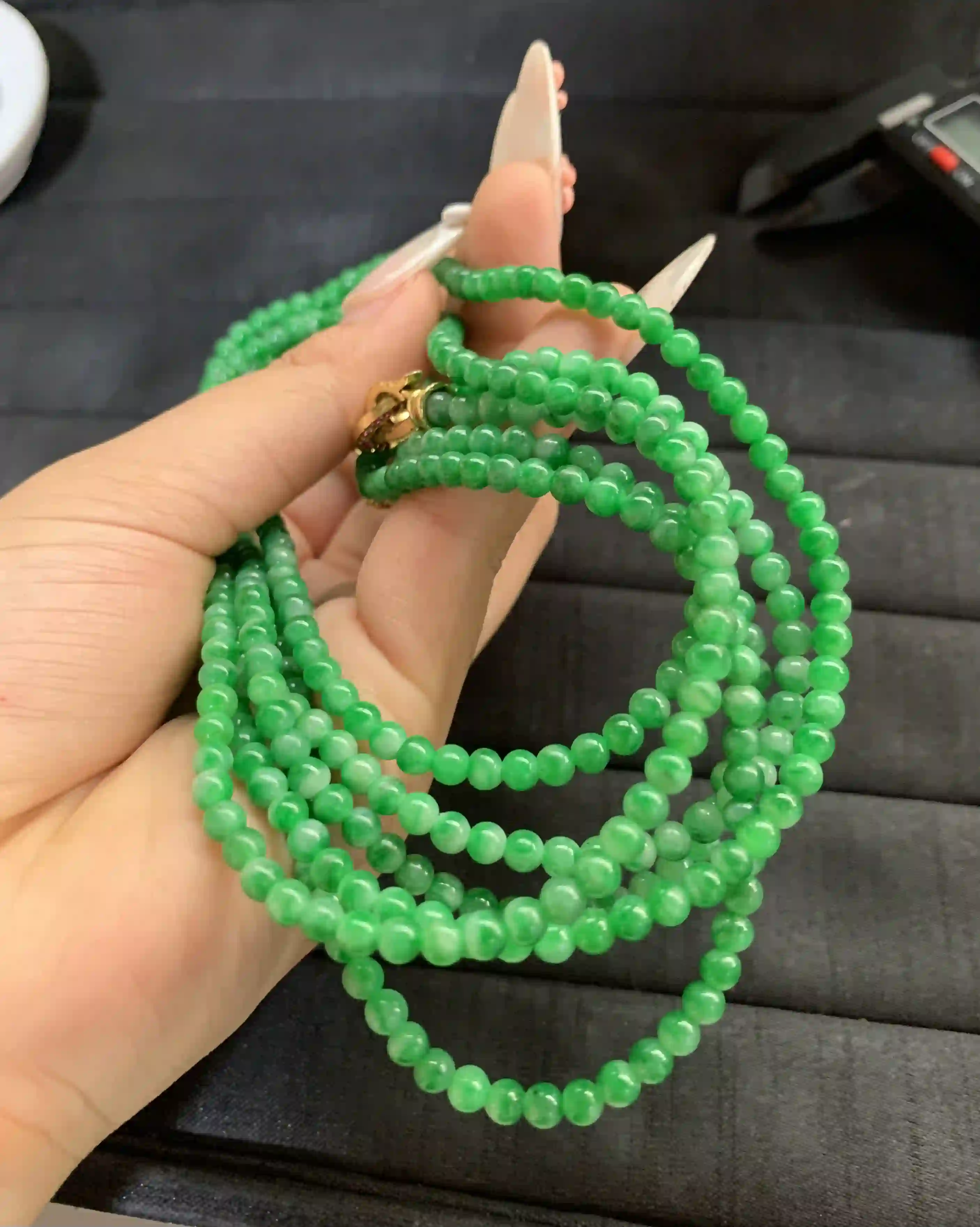  Vibrant Green Jade Multi-Strand Necklace with Ornate Gold Accents, view 2 | Myanmar Jadeite reference #1590004