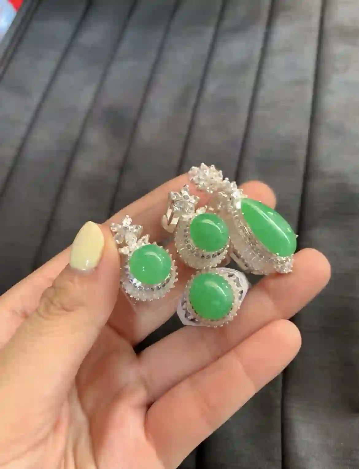   Natural Vivid Green Jade Jewelry Set with Diamond Accents | Myanmar Jadeite reference #2520006