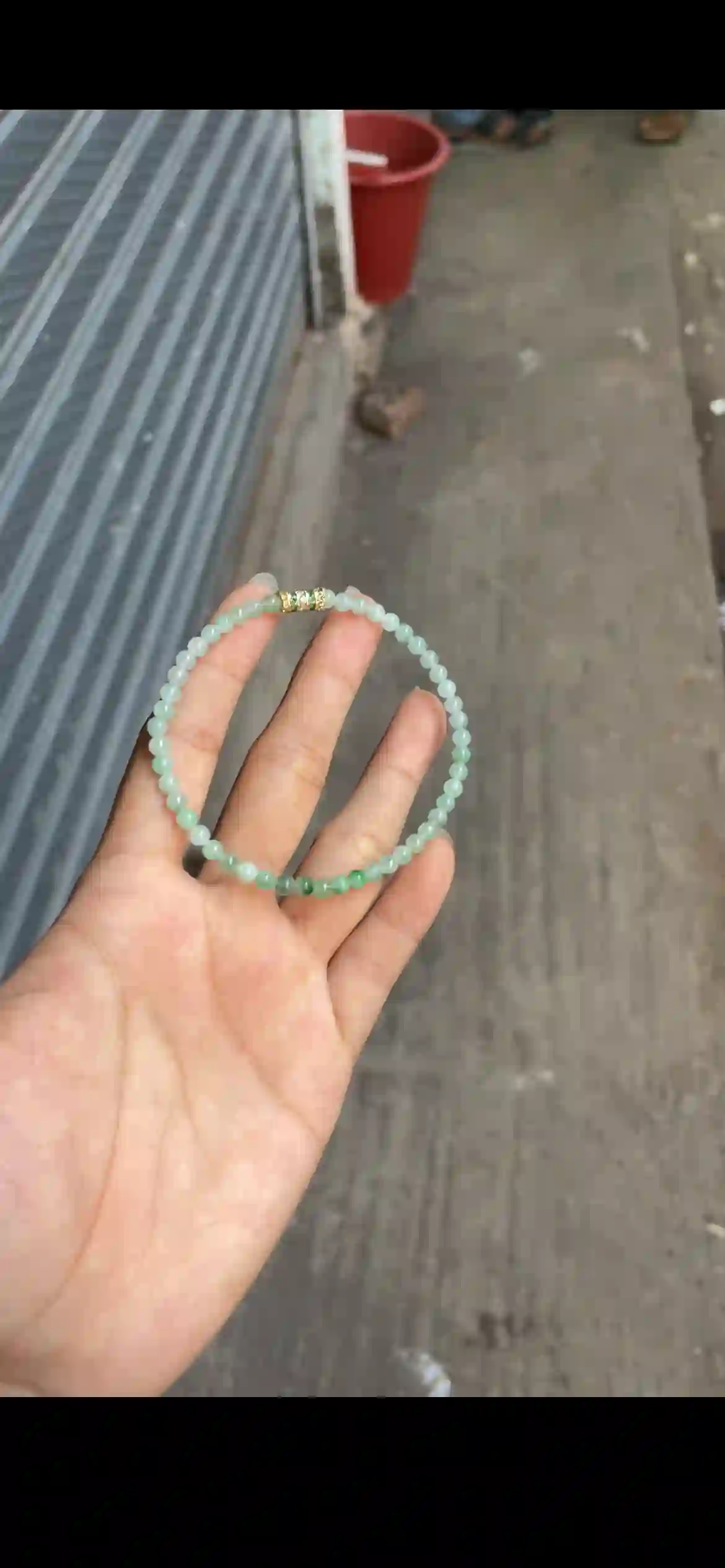 Delicate Pale Mint Green Jade Beaded Bracelet — Gold & Emerald Accent | Myanmar Jadeite reference #34350001