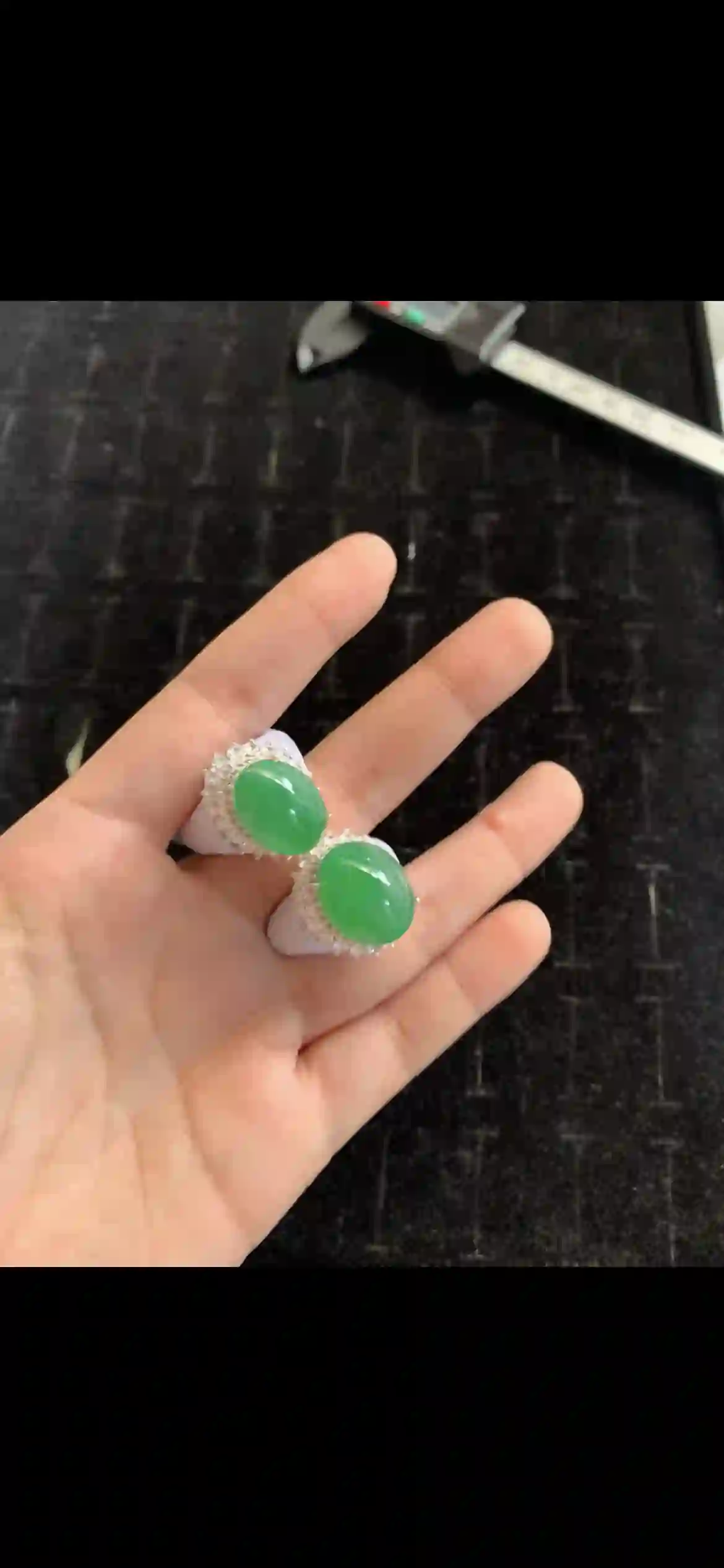 Matching Pair of Oval Vivid Green Jadeite Cabochons with Diamond Halos — Loose / Setting Ready, view 2 | Myanmar Jadeite reference #20280002