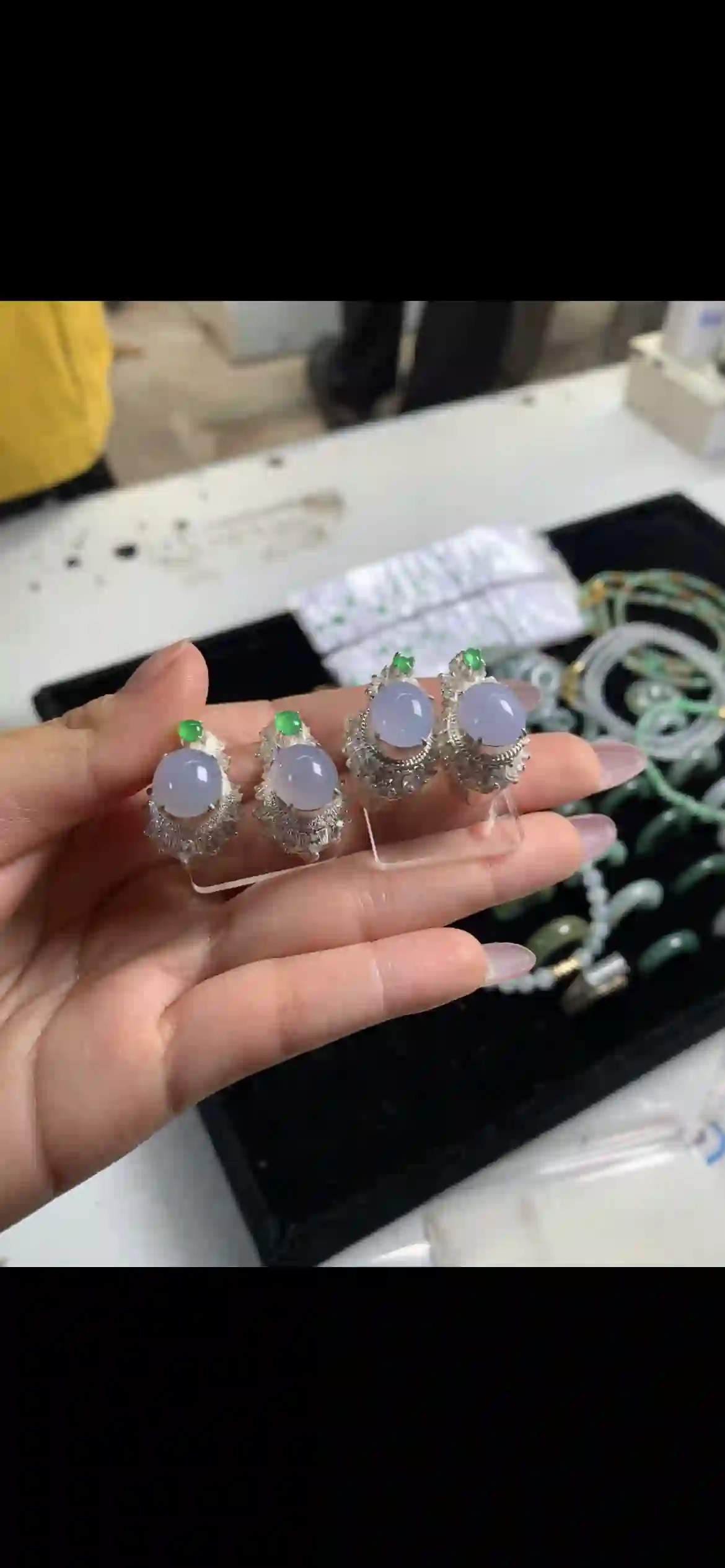 Icy Lavender Jadeite Halo Ring & Earring Setu, view 2 | Myanmar Jadeite reference #11280001